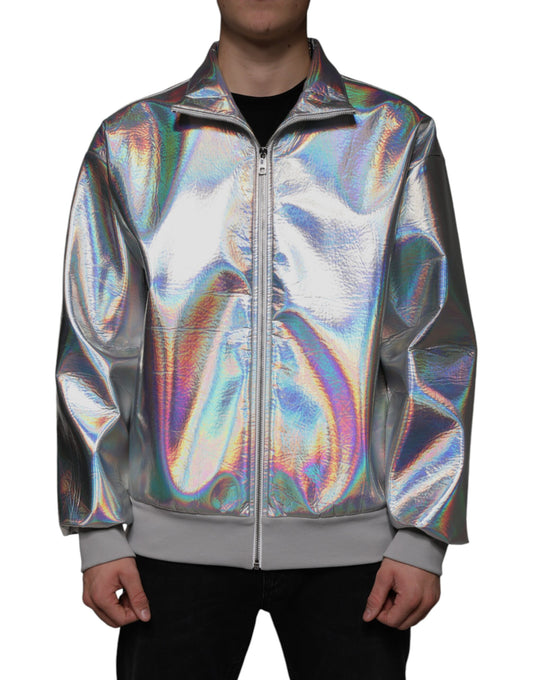 Dolce &amp; Gabbana Silver Iridescent Full Zip Men Bomber Jacket