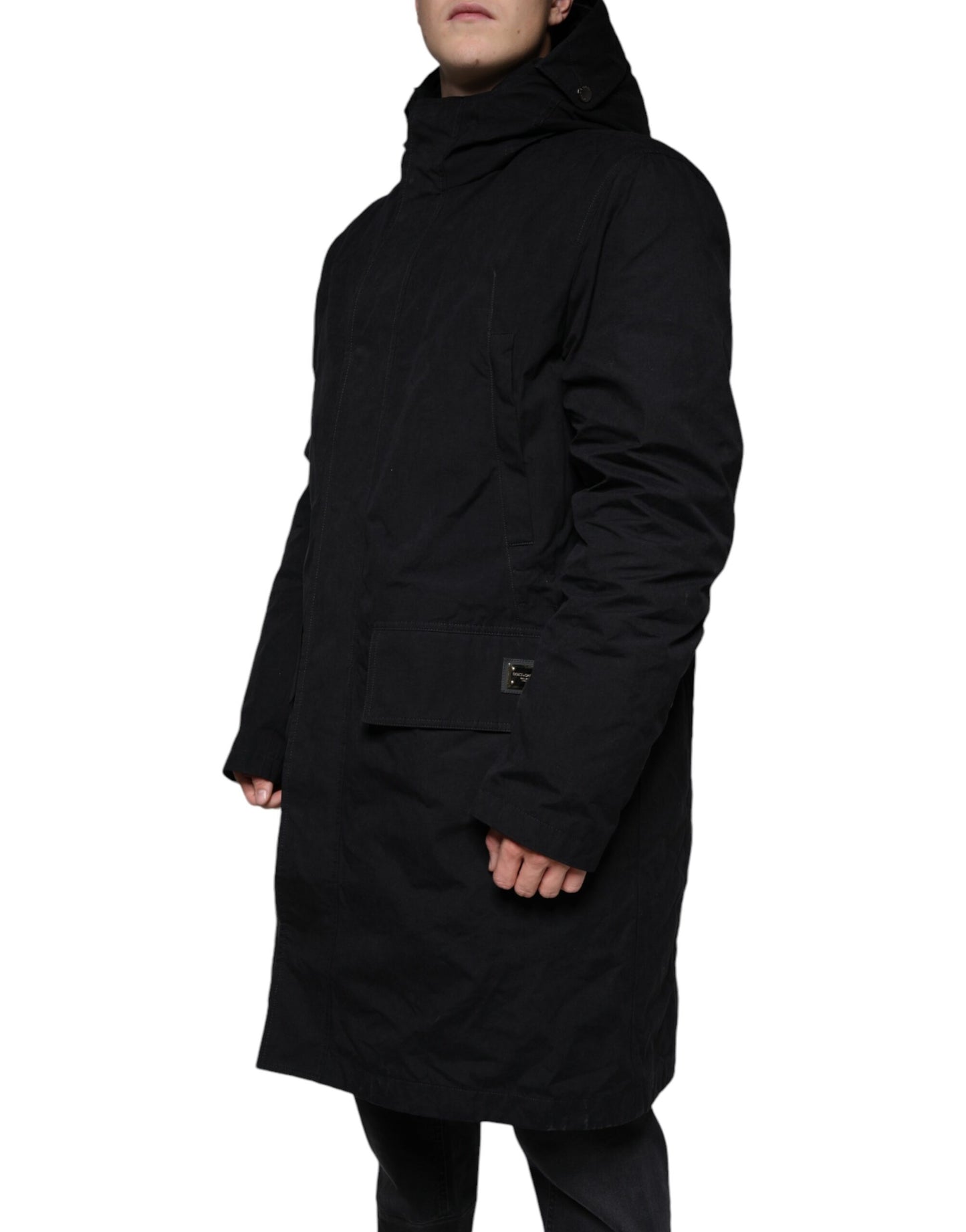 Dolce & Gabbana Schwarzer Parka mit Kapuze Baumwolle Trenchcoat Jacke