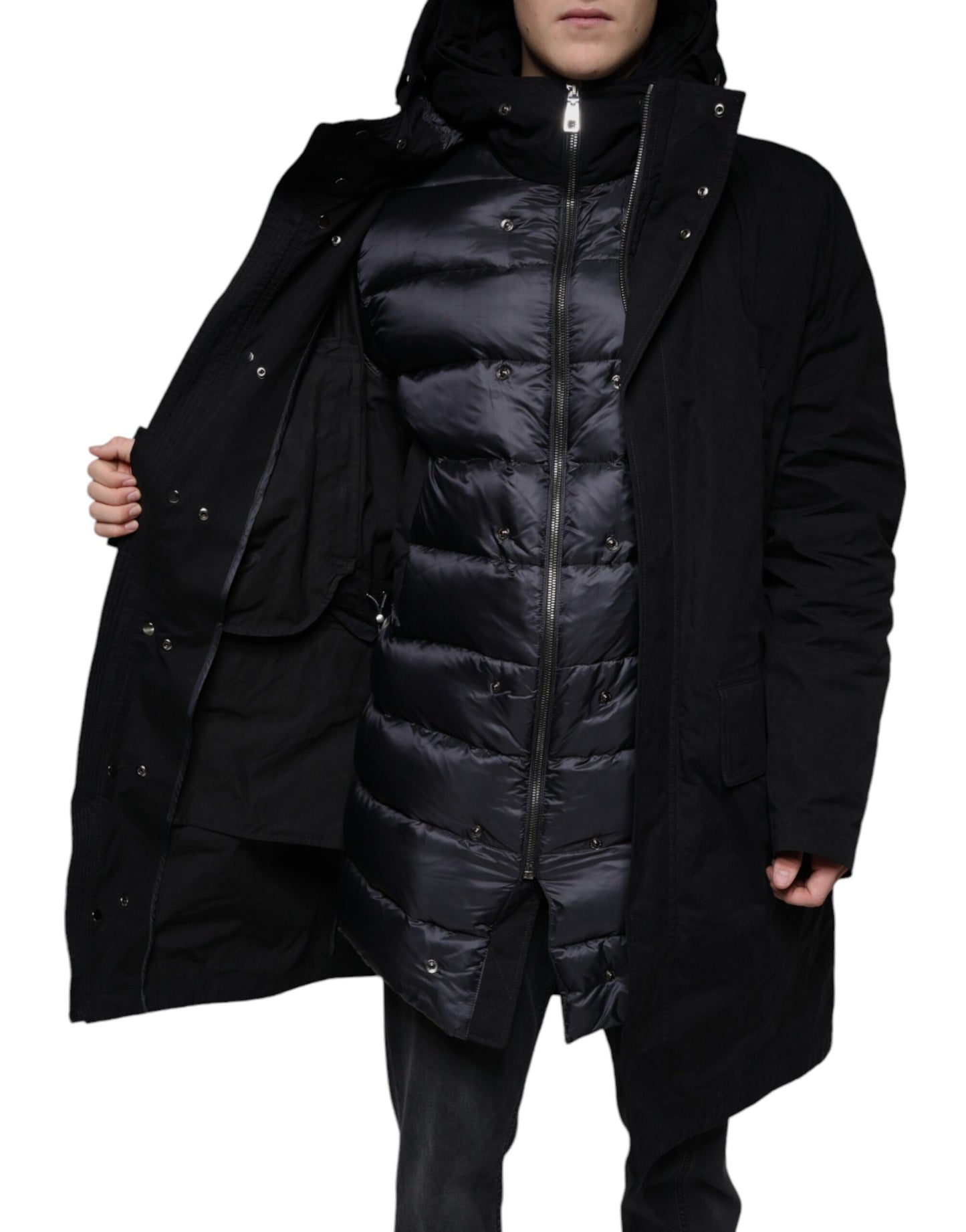 Dolce & Gabbana Schwarzer Parka mit Kapuze Baumwolle Trenchcoat Jacke