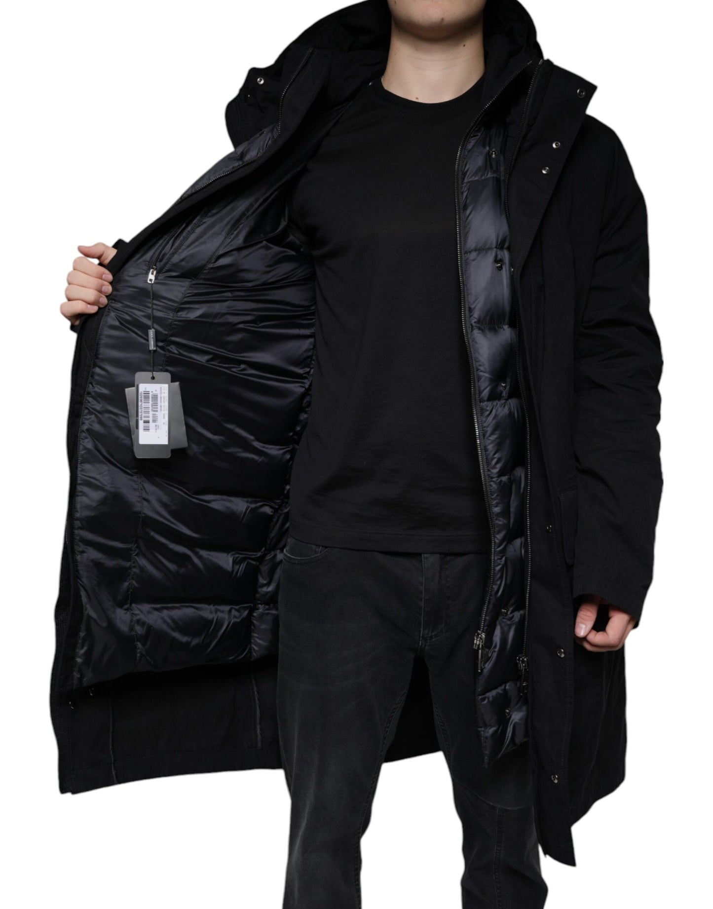 Dolce & Gabbana Schwarzer Parka mit Kapuze Baumwolle Trenchcoat Jacke