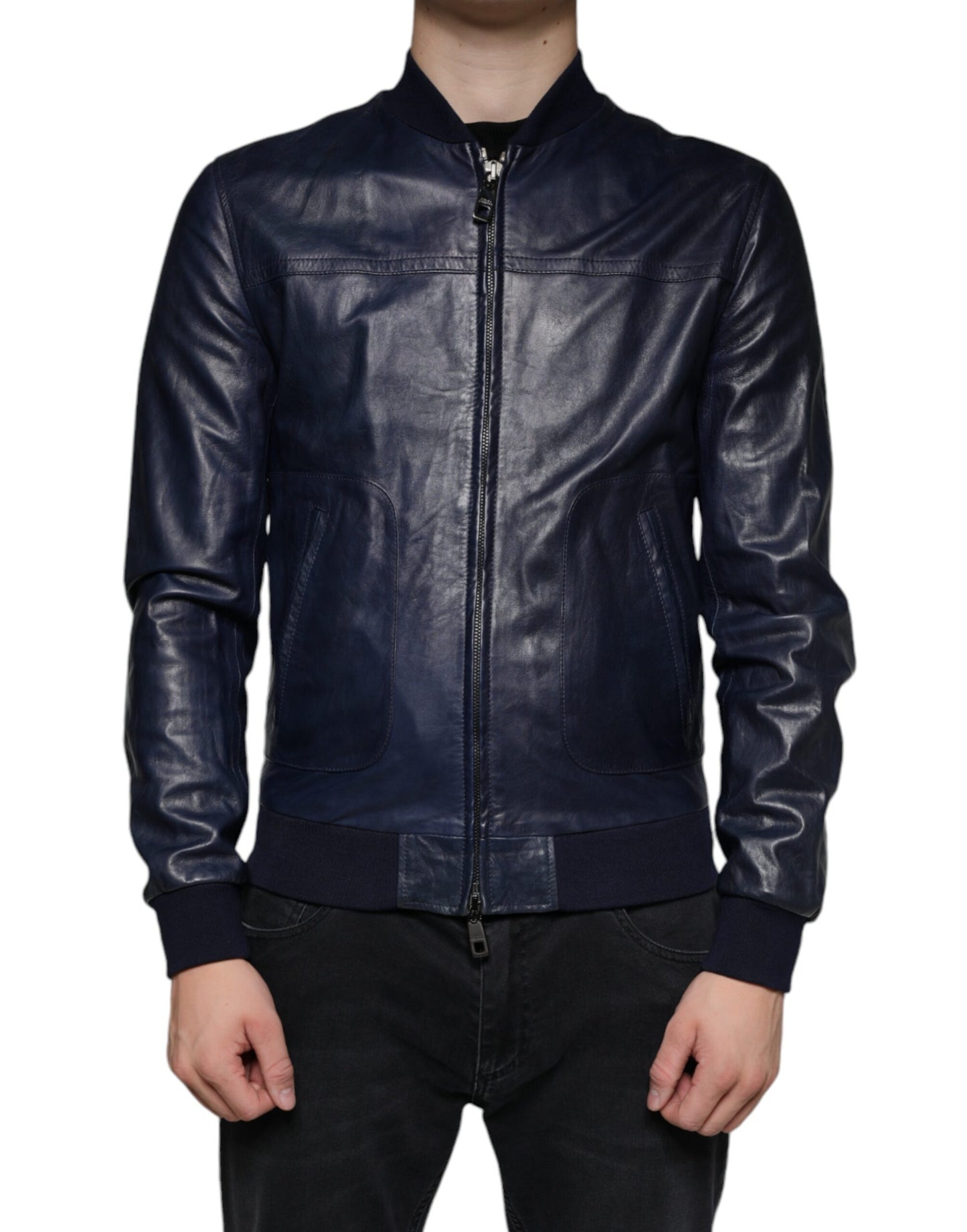 Dolce & Gabbana Blaue Lammfell Leder Bikerjacke mit Reißverschluss