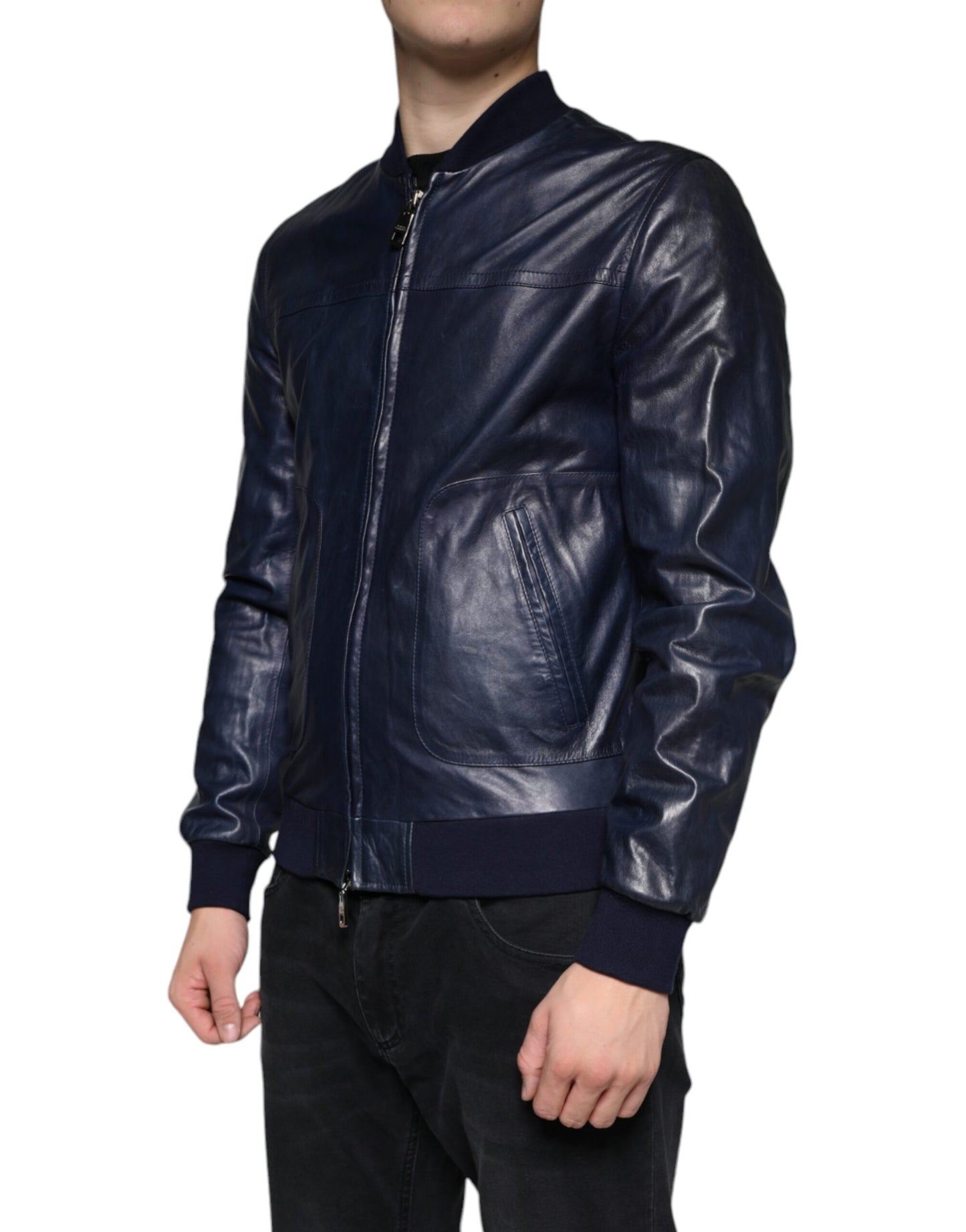 Dolce & Gabbana Blaue Lammfell Leder Bikerjacke mit Reißverschluss