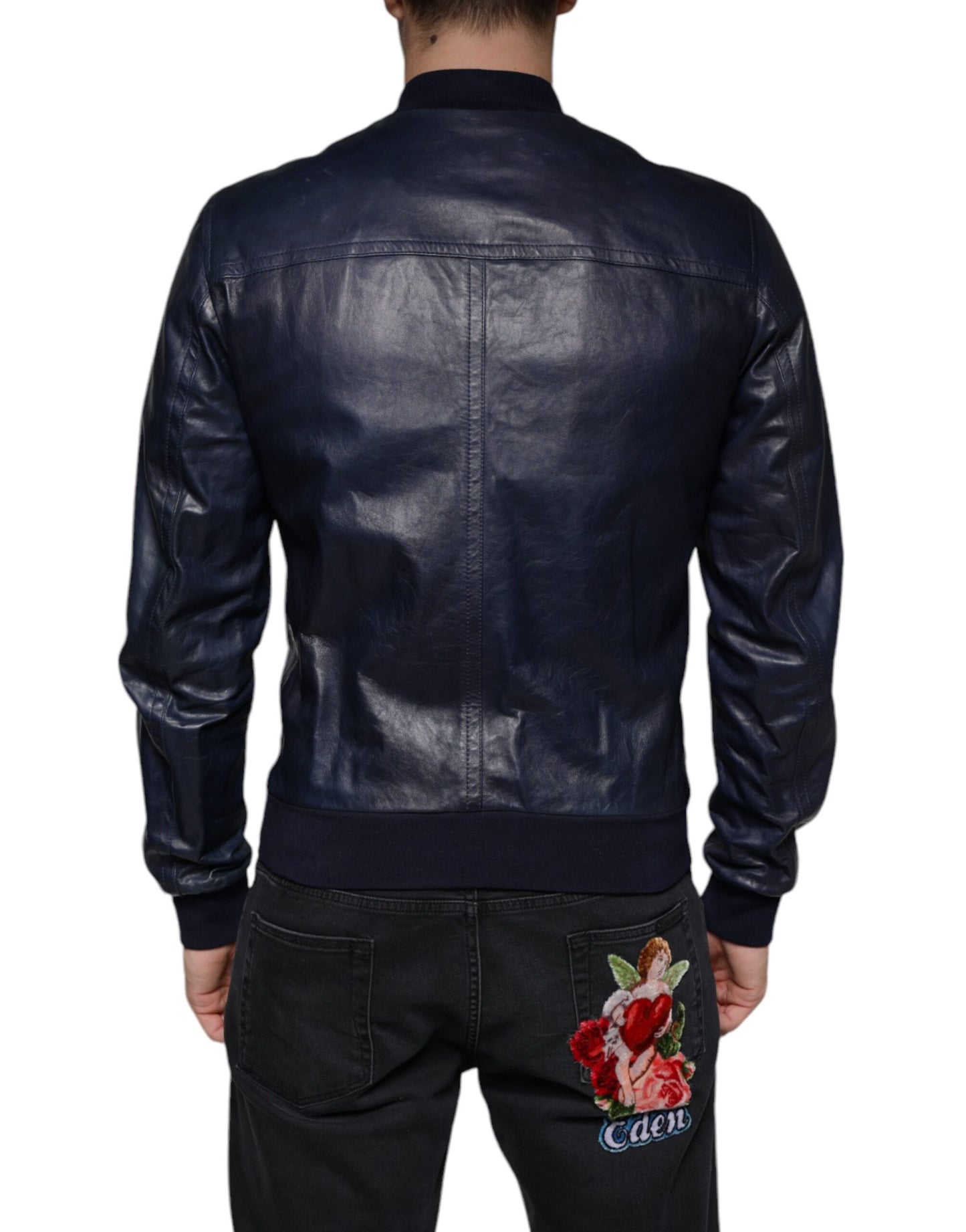 Dolce & Gabbana Blaue Lammfell Leder Bikerjacke mit Reißverschluss