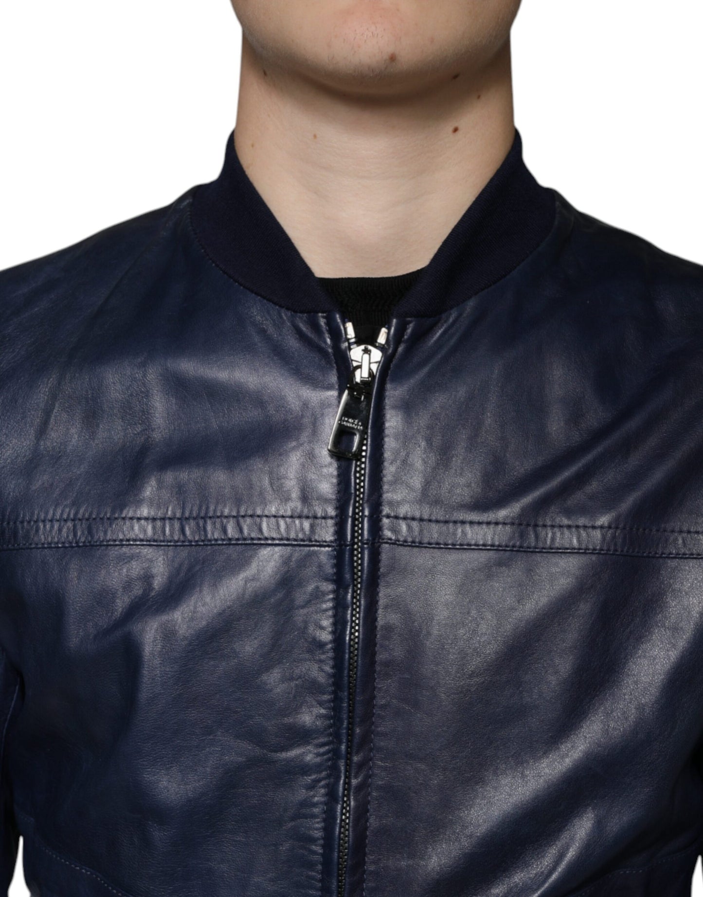 Dolce & Gabbana Blaue Lammfell Leder Bikerjacke mit Reißverschluss