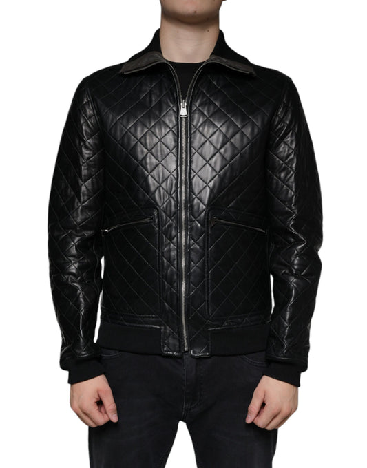 Dolce &amp; Gabbana Black Calf Leather Quilted Full Zip Jacket