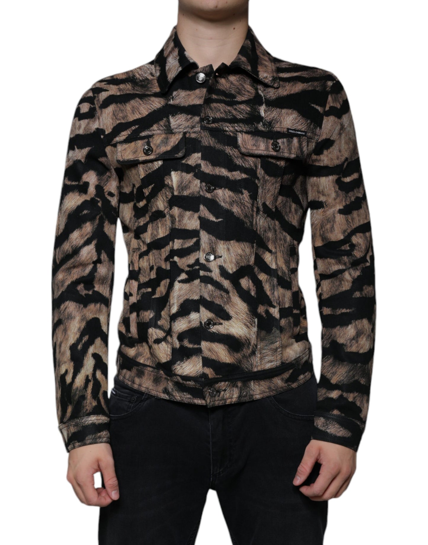 Dolce & Gabbana Braune Tiger Button Down Jacke mit Kragen