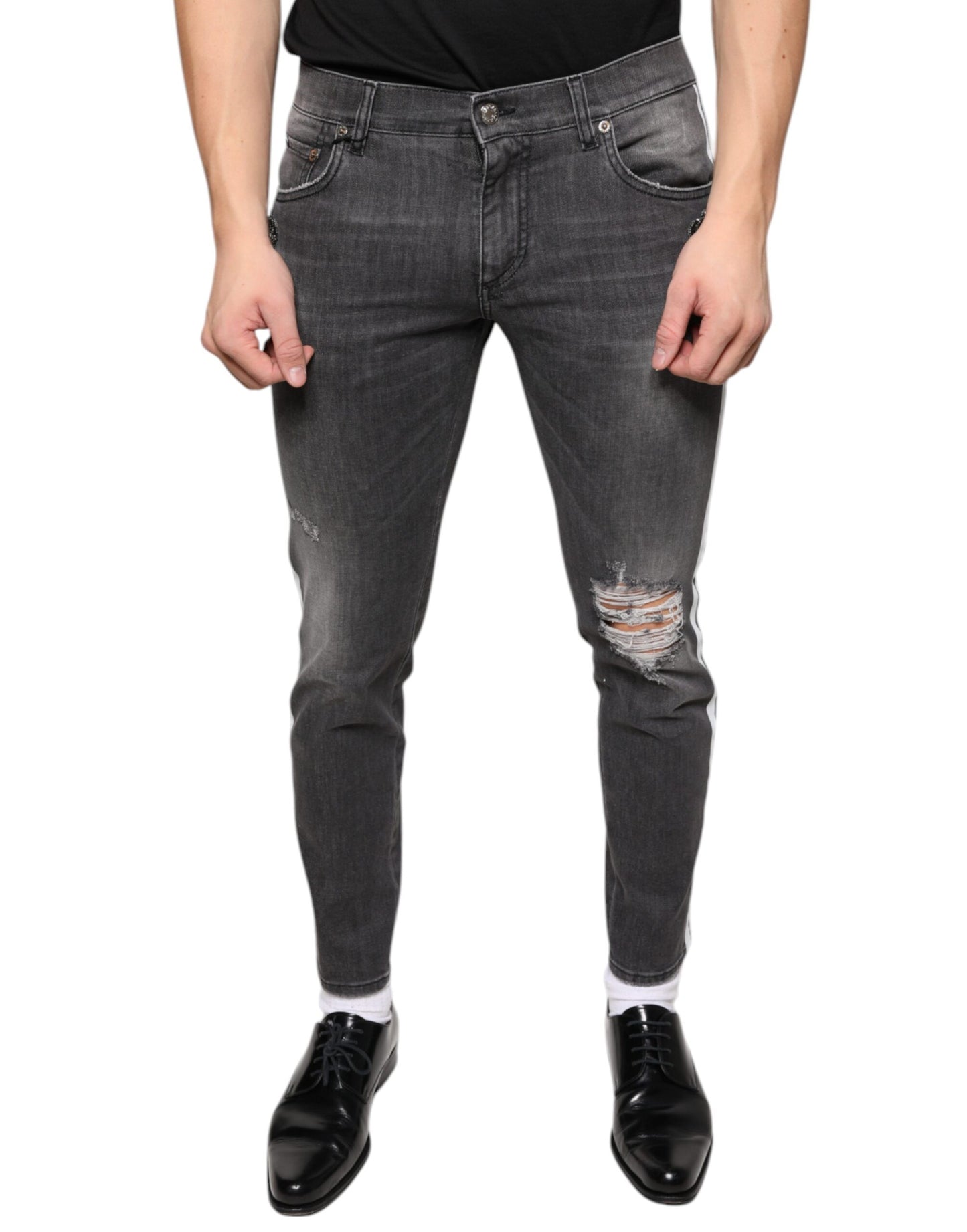 Dolce &amp; Gabbana Black Tattered Cotton Skinny Men Denim Jeans