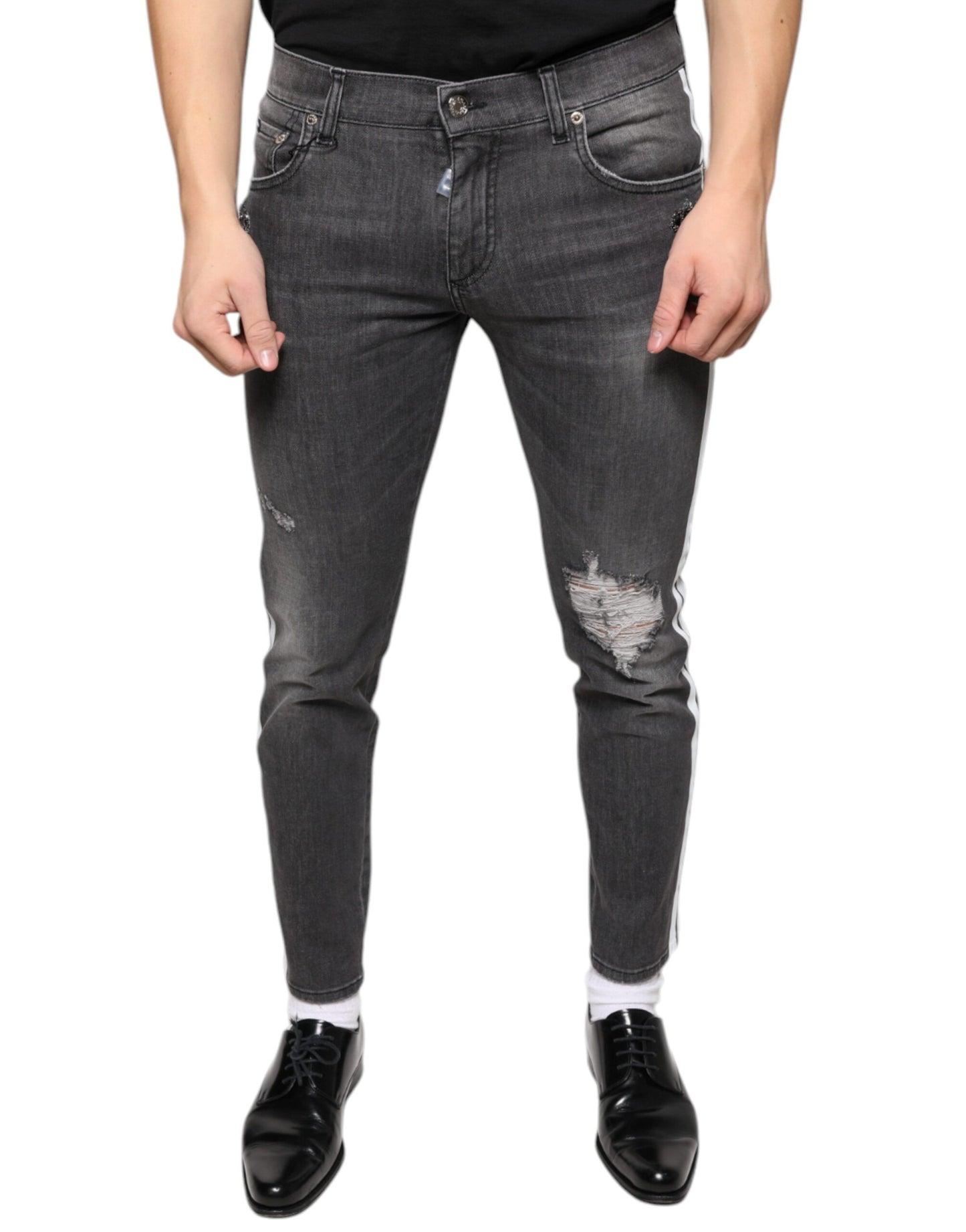 Dolce &amp; Gabbana Black Tattered Cotton Skinny Men Denim Jeans