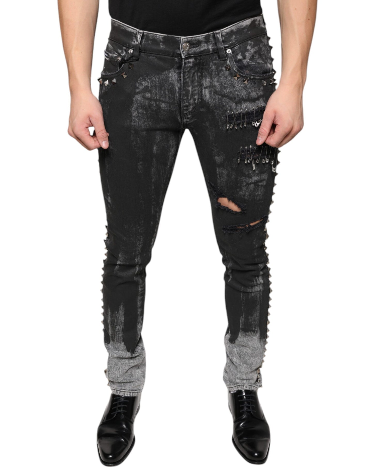 Dolce & Gabbana Schwarze verzierte Baumwoll-Skinny-Jeans