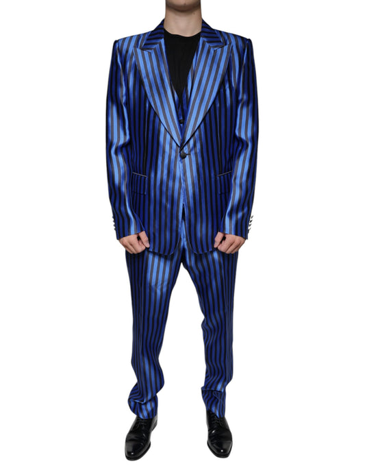 Dolce &amp; Gabbana Metallic Blue Stripes -muodollinen 3-osainen puku