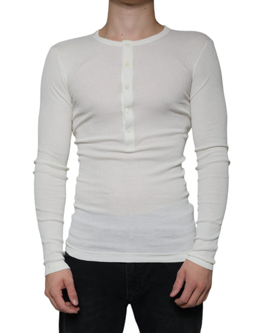 Dolce & Gabbana Weißer Baumwoll-Henley-Pullover mit Rundhalsausschnitt