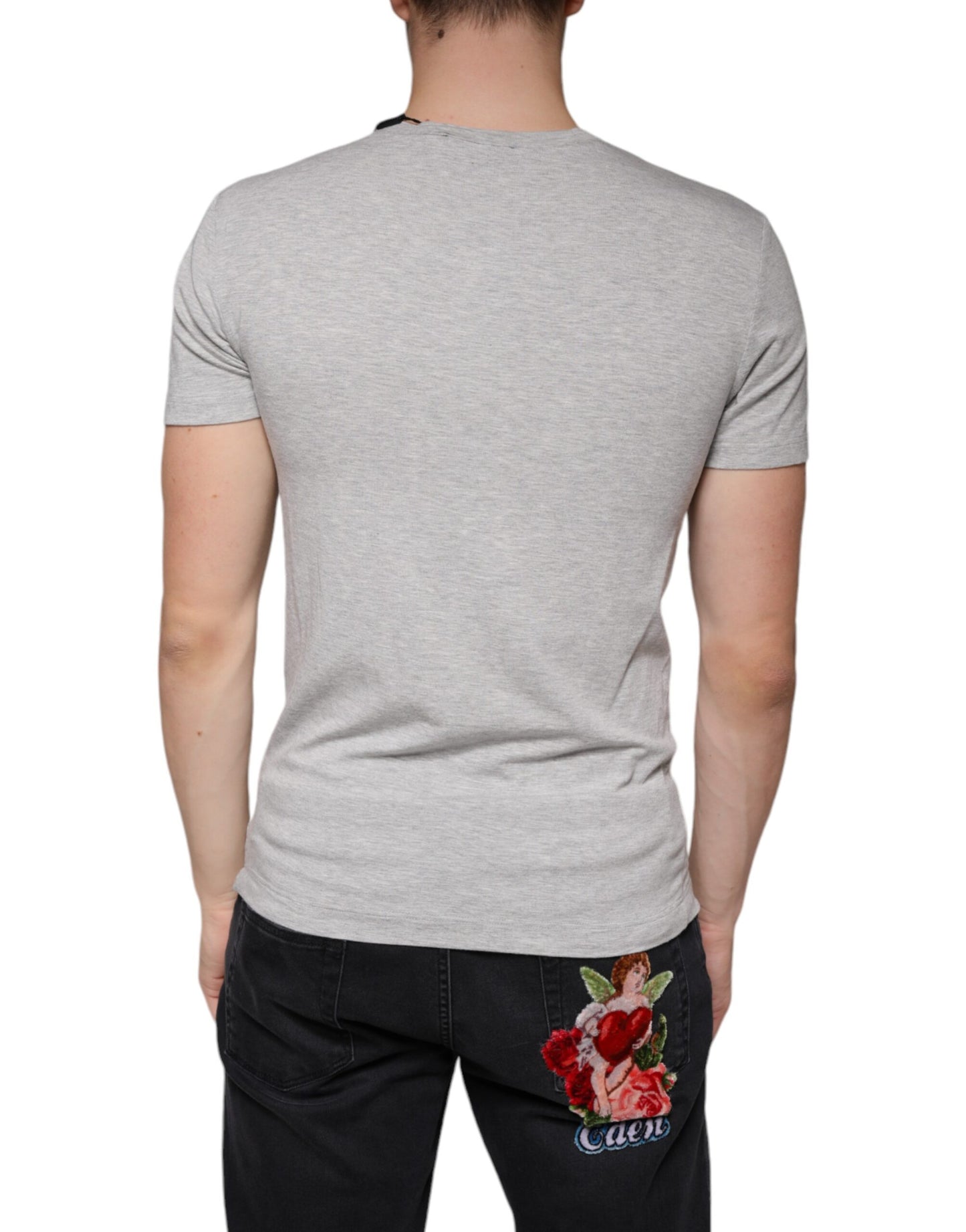 Dolce & Gabbana Graues Kurzarm-T-Shirt mit Logo-Druck und Rundhalsausschnitt