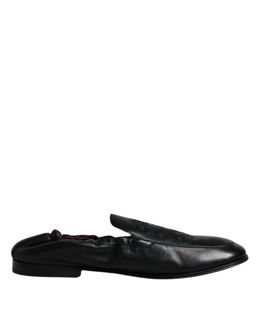 Dolce & Gabbana Schwarzes Logo besticktes Leder Loafer Männer Kleid Schuhe