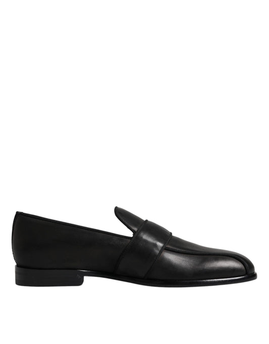 Dolce &amp; Gabbana Black Leather Logo Slip On Men Loafers Shoes