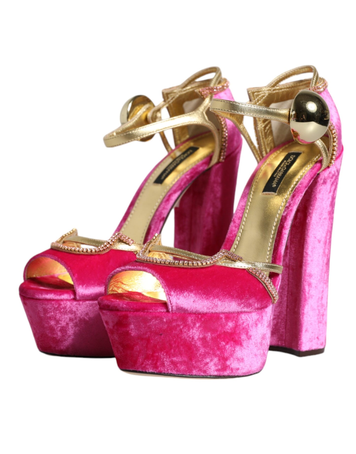 Dolce &amp; Gabbana Pink Velvet Platform Ankle Strap Heel Sandals Shoes