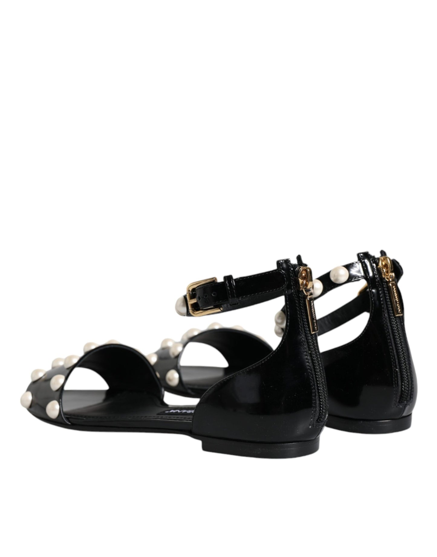 Dolce & Gabbana Schwarze Leder Perlen Riemchensandalen Schuhe