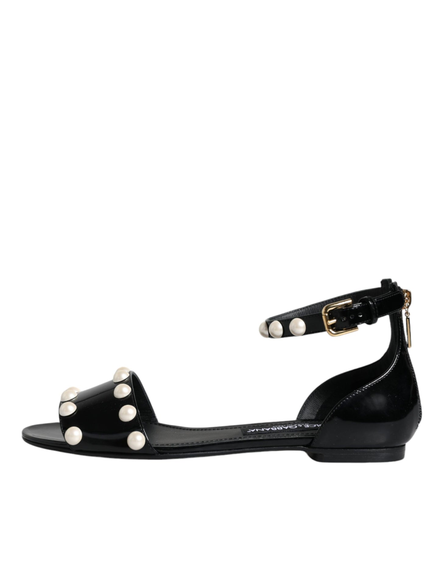 Dolce & Gabbana Schwarze Leder Perlen Riemchensandalen Schuhe