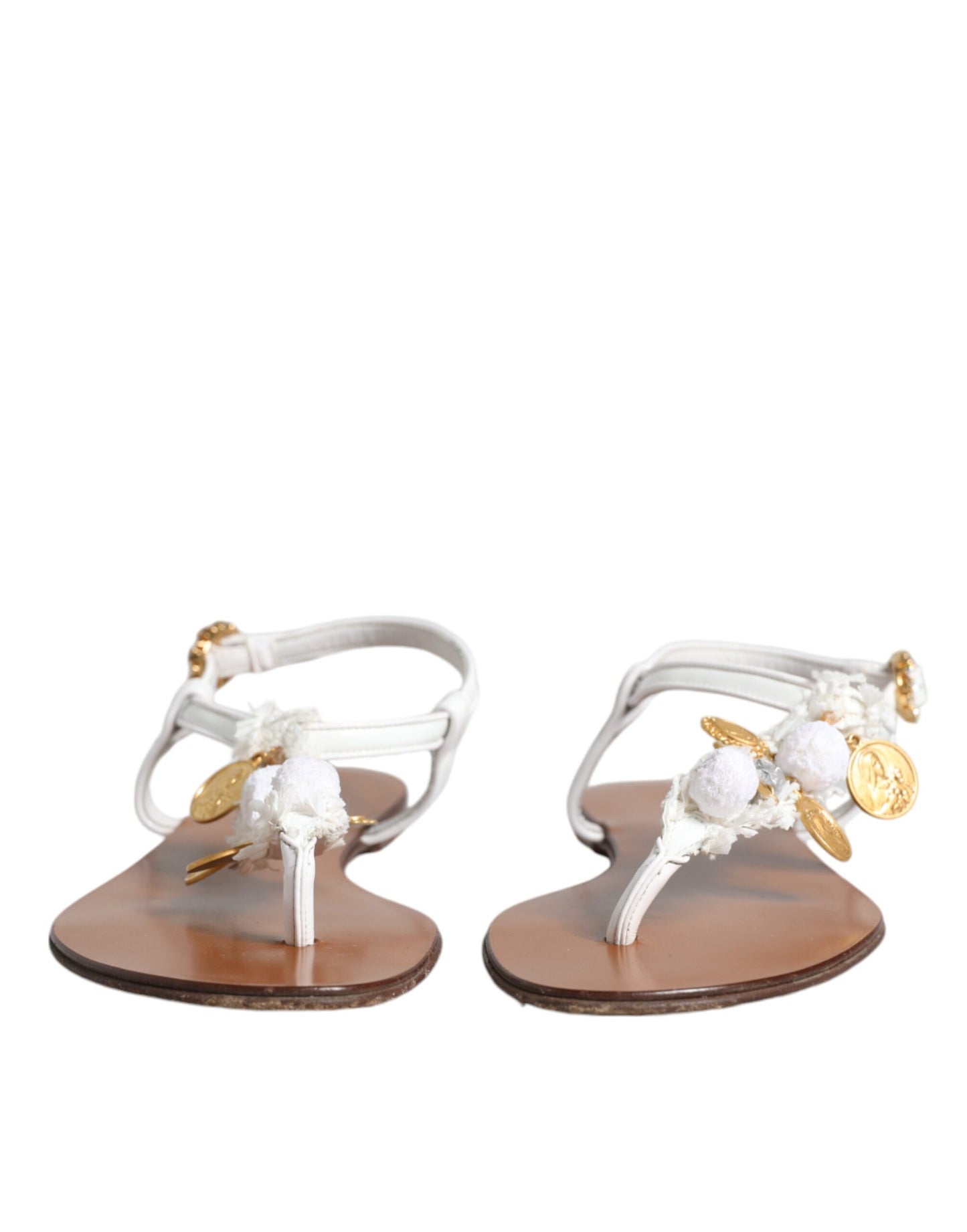 Dolce &amp; Gabbana White Leather Coins Flip Flops Sandals Shoes