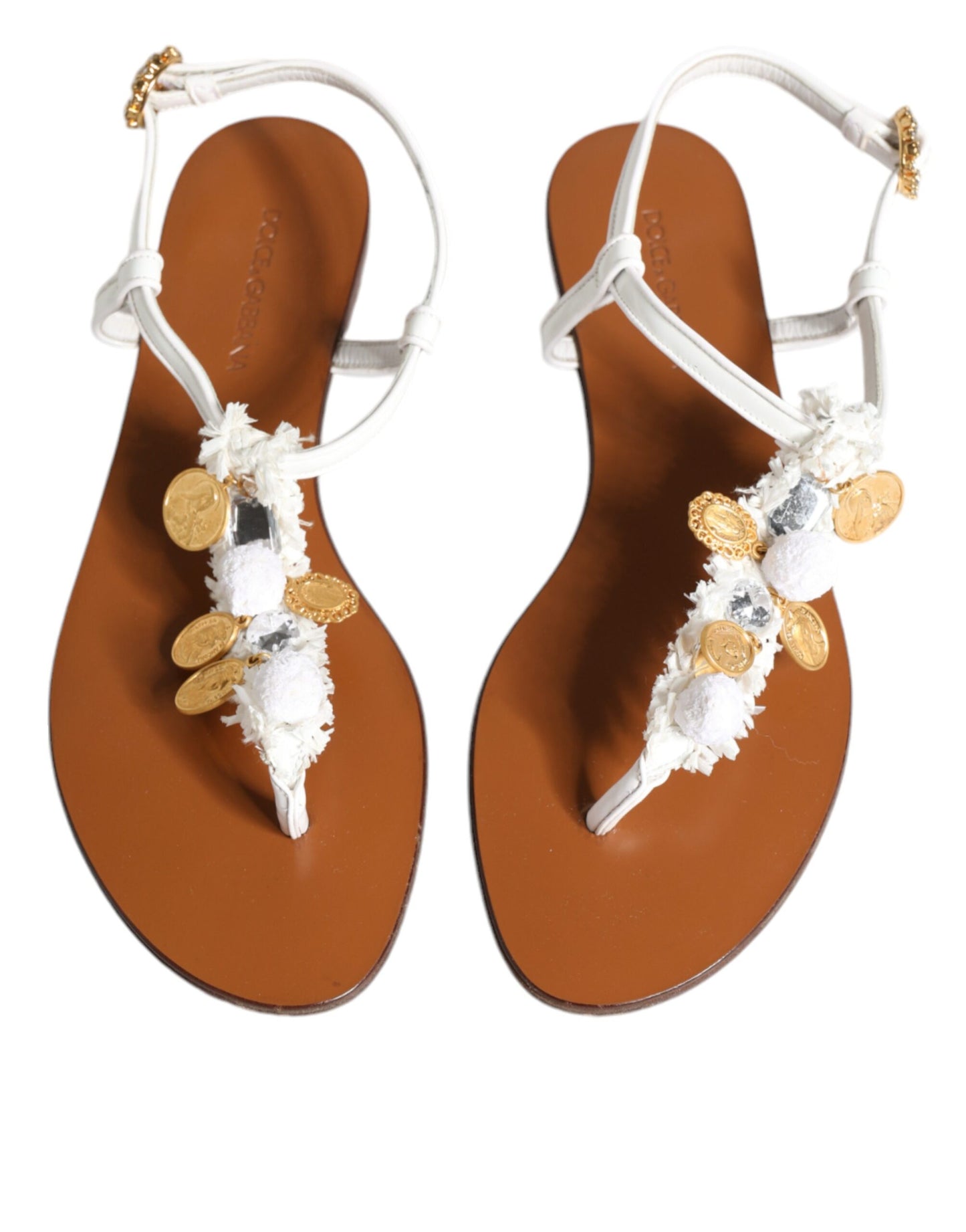 Dolce &amp; Gabbana White Leather Coins Flip Flops Sandals Shoes