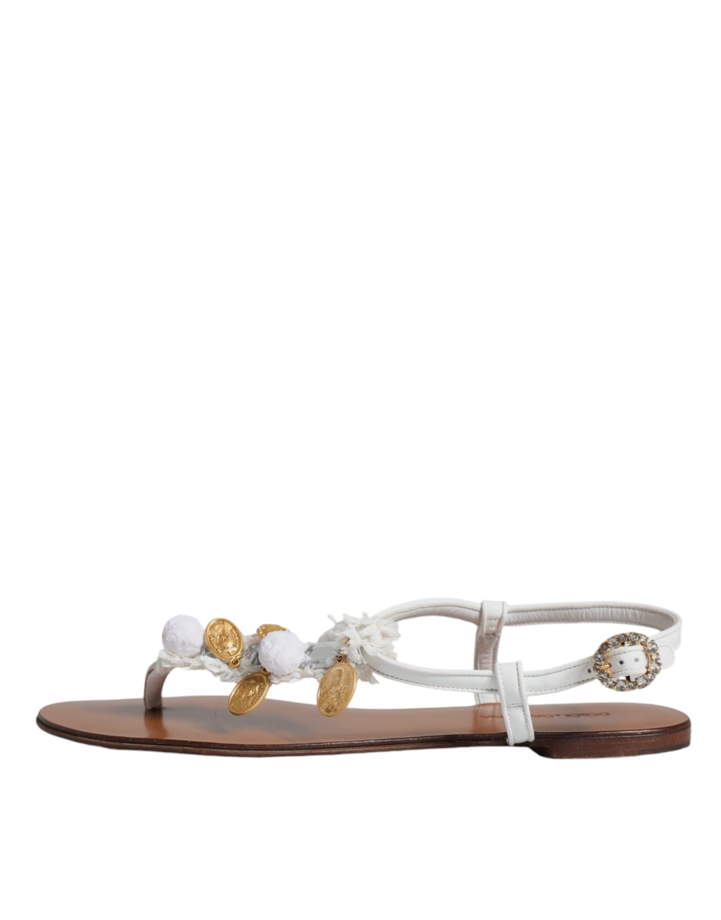 Dolce &amp; Gabbana White Leather Coins Flip Flops Sandals Shoes