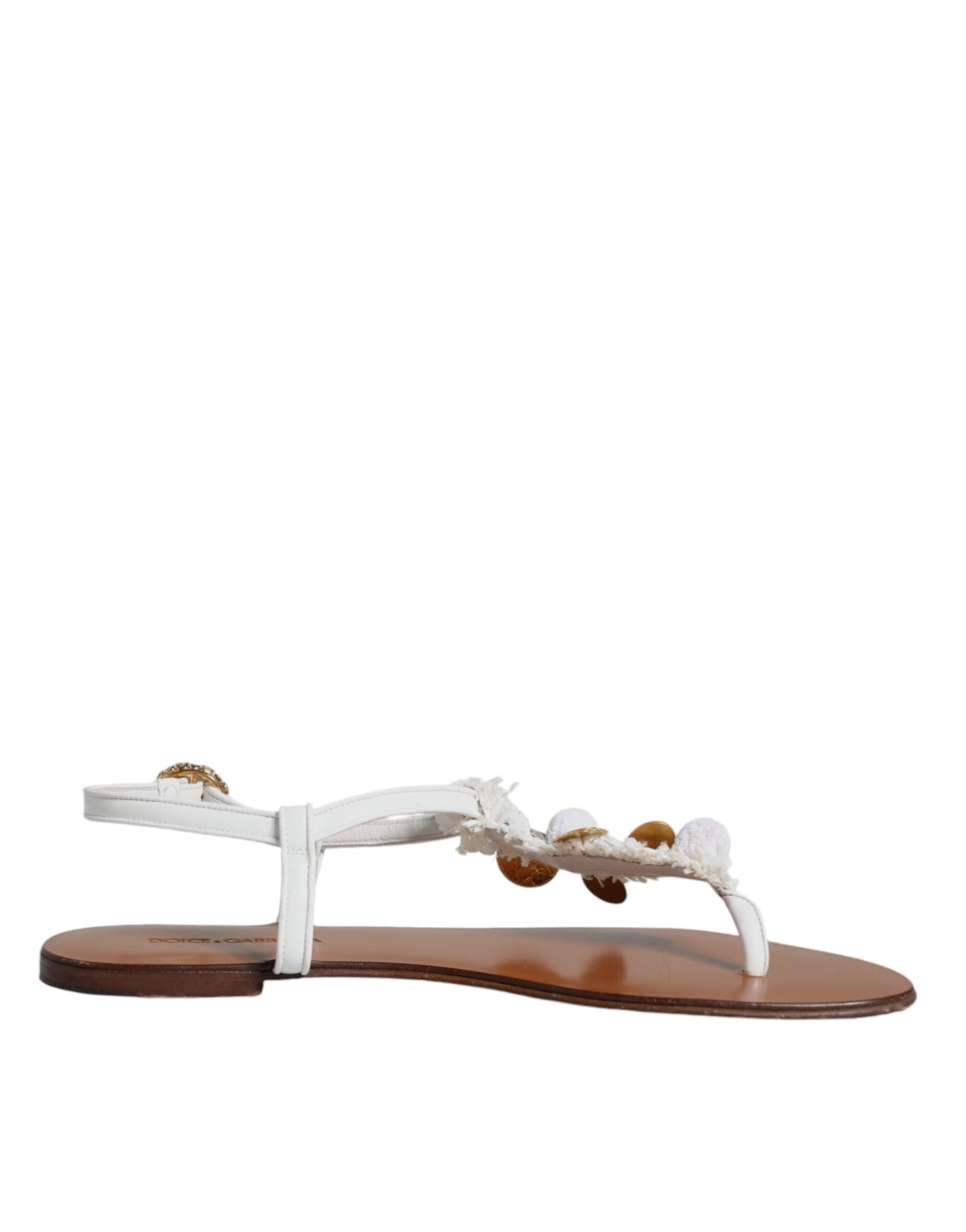 Dolce &amp; Gabbana White Leather Coins Flip Flops Sandals Shoes