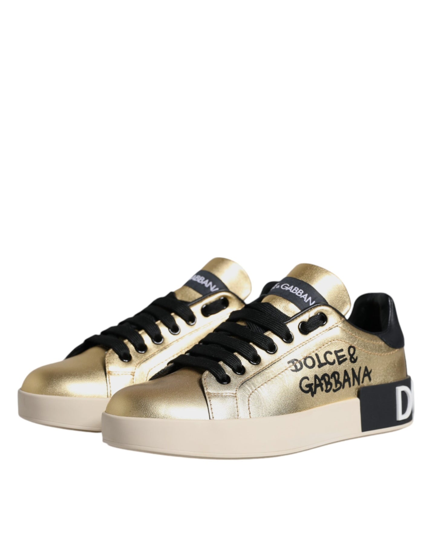 Dolce &amp; Gabbana Gold Portofino Calf Leather Sneakers Shoes