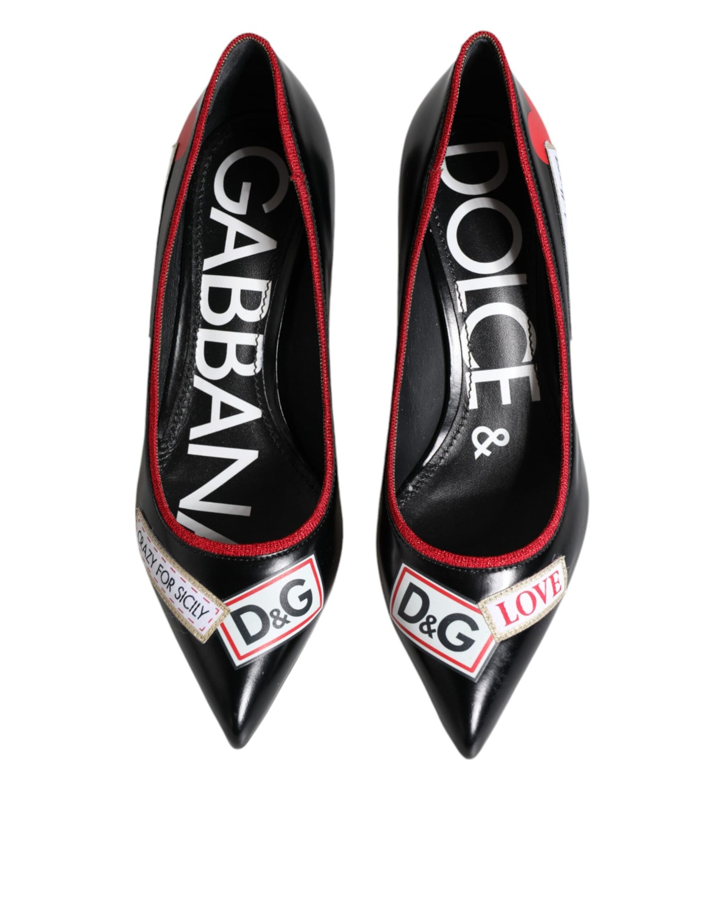 Dolce & Gabbana Schwarzes Leder Logo Print Heels Pumps Schuhe