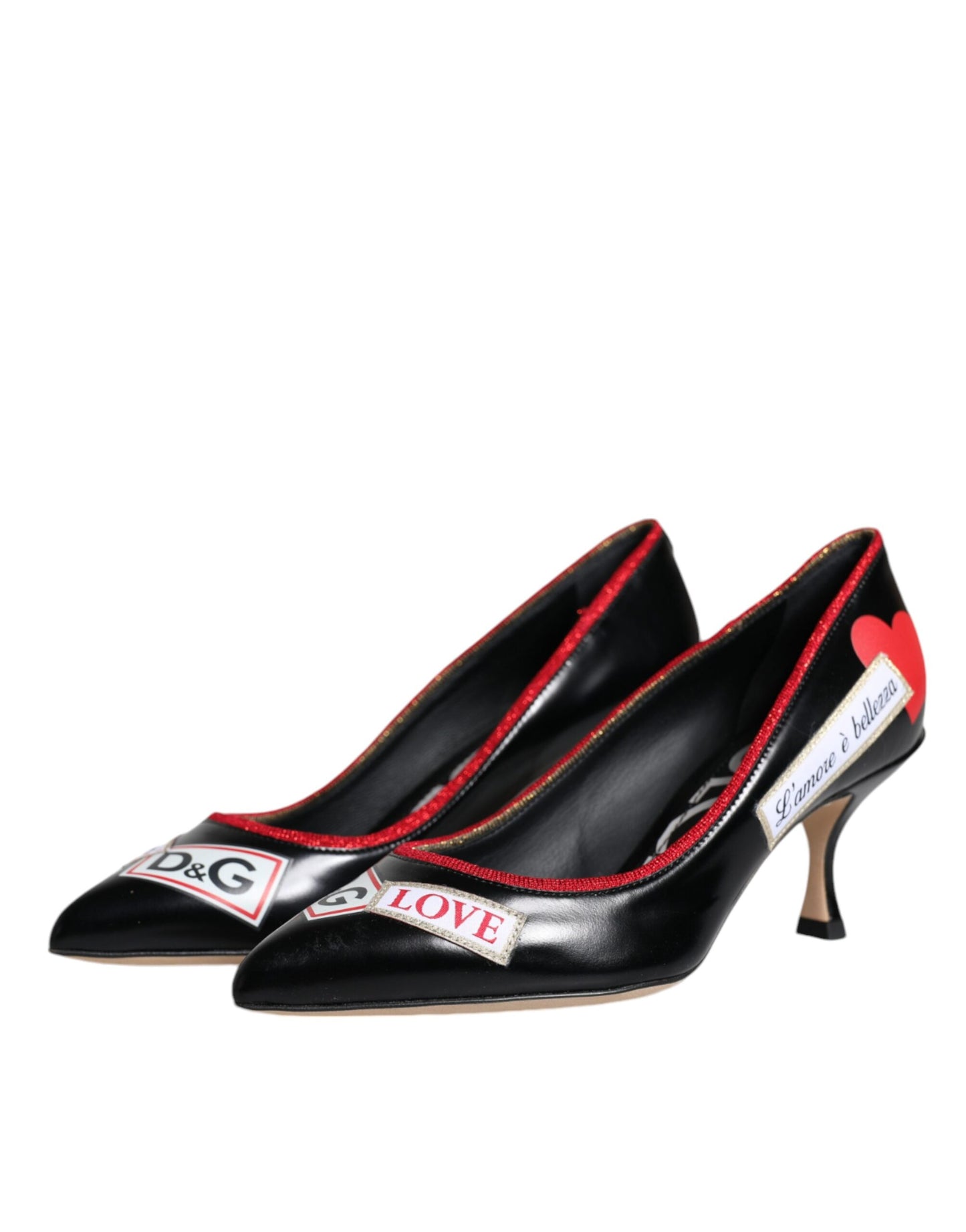 Dolce & Gabbana Schwarzes Leder Logo Print Heels Pumps Schuhe