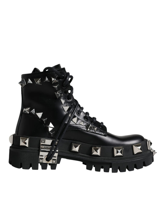 Dolce &amp; Gabbana Black Leather Studded Trekking Boots Shoes