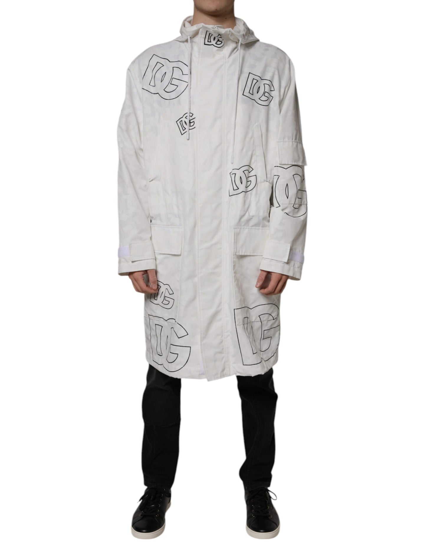 Dolce &amp; Gabbana White Hooded Parka Polyester Trench Coat Jacket