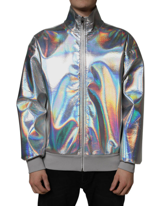 Dolce &amp; Gabbana Silver Iridescent Full Zip Men Bomber Jacket