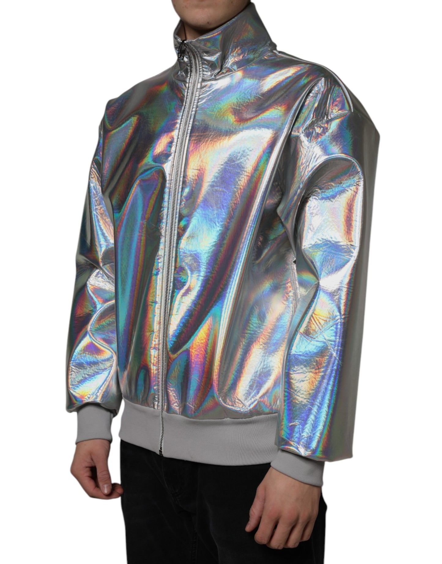 Dolce &amp; Gabbana Silver Iridescent Full Zip Men Bomber Jacket