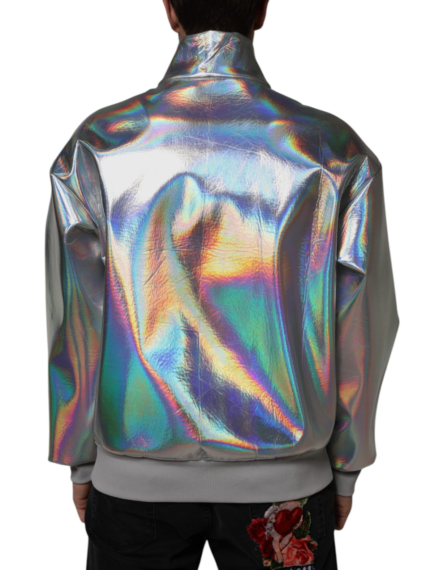 Dolce &amp; Gabbana Silver Iridescent Full Zip Men Bomber Jacket