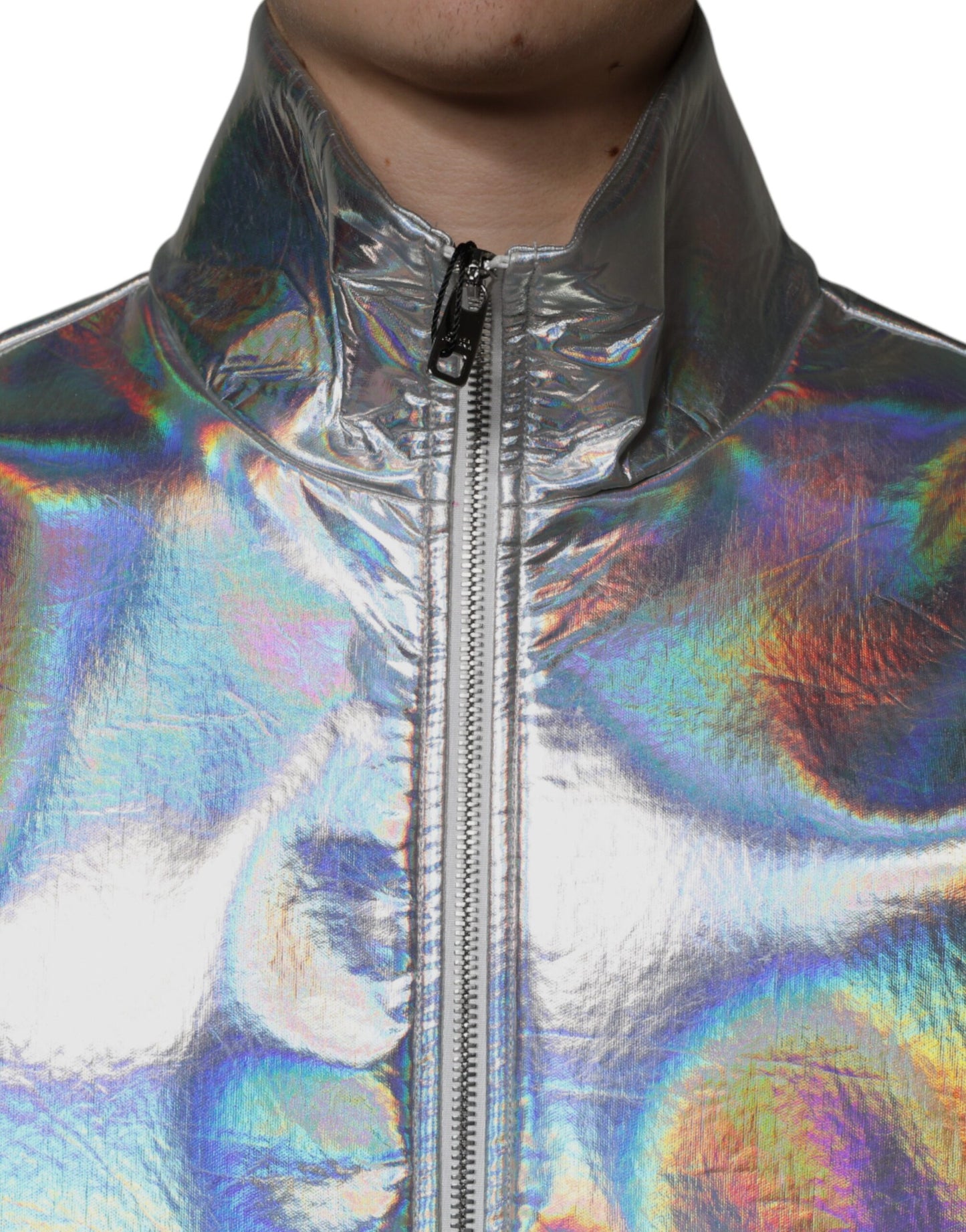 Dolce &amp; Gabbana Silver Iridescent Full Zip Men Bomber Jacket