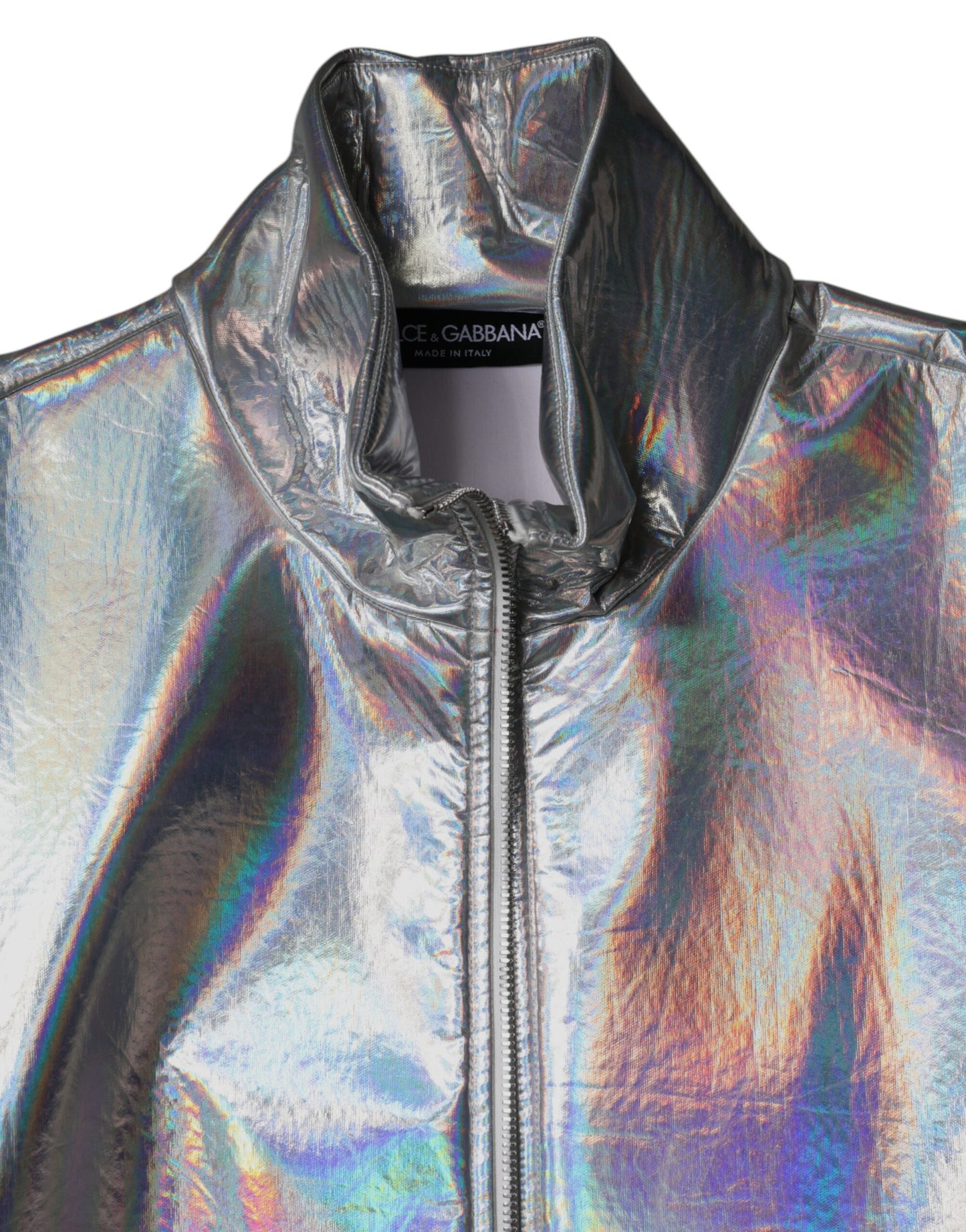 Dolce &amp; Gabbana Silver Iridescent Full Zip Men Bomber Jacket