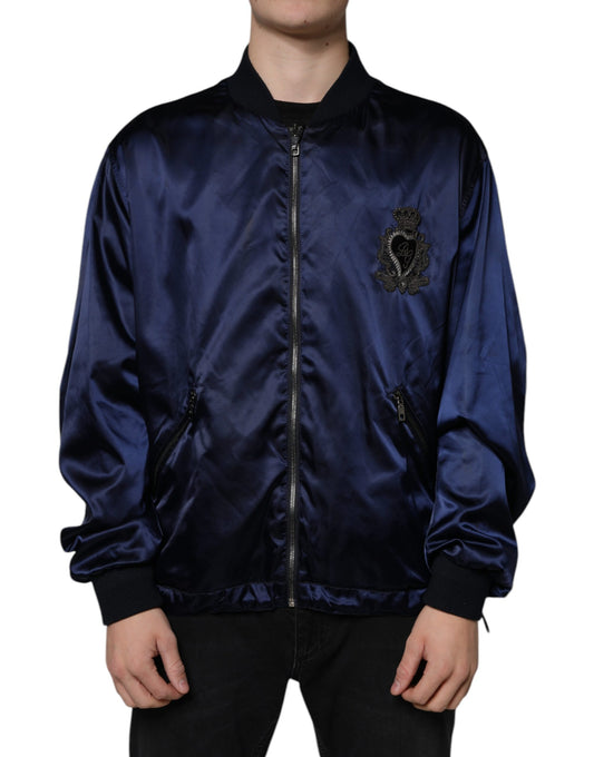 Dolce &amp; Gabbana Blue Crown Heart Full Zip Men Bomber Jacket