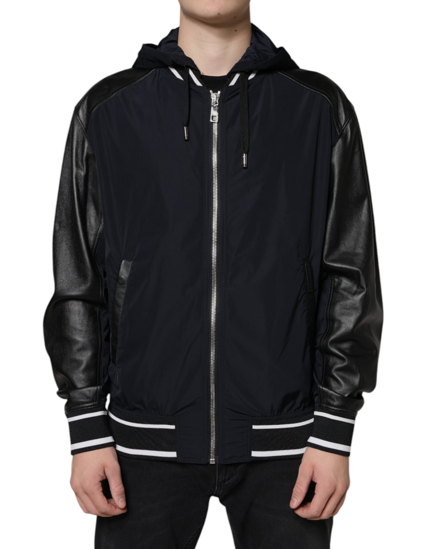 Dolce &amp; Gabbana Black Hooded Full Zip Men Bomber Jacket