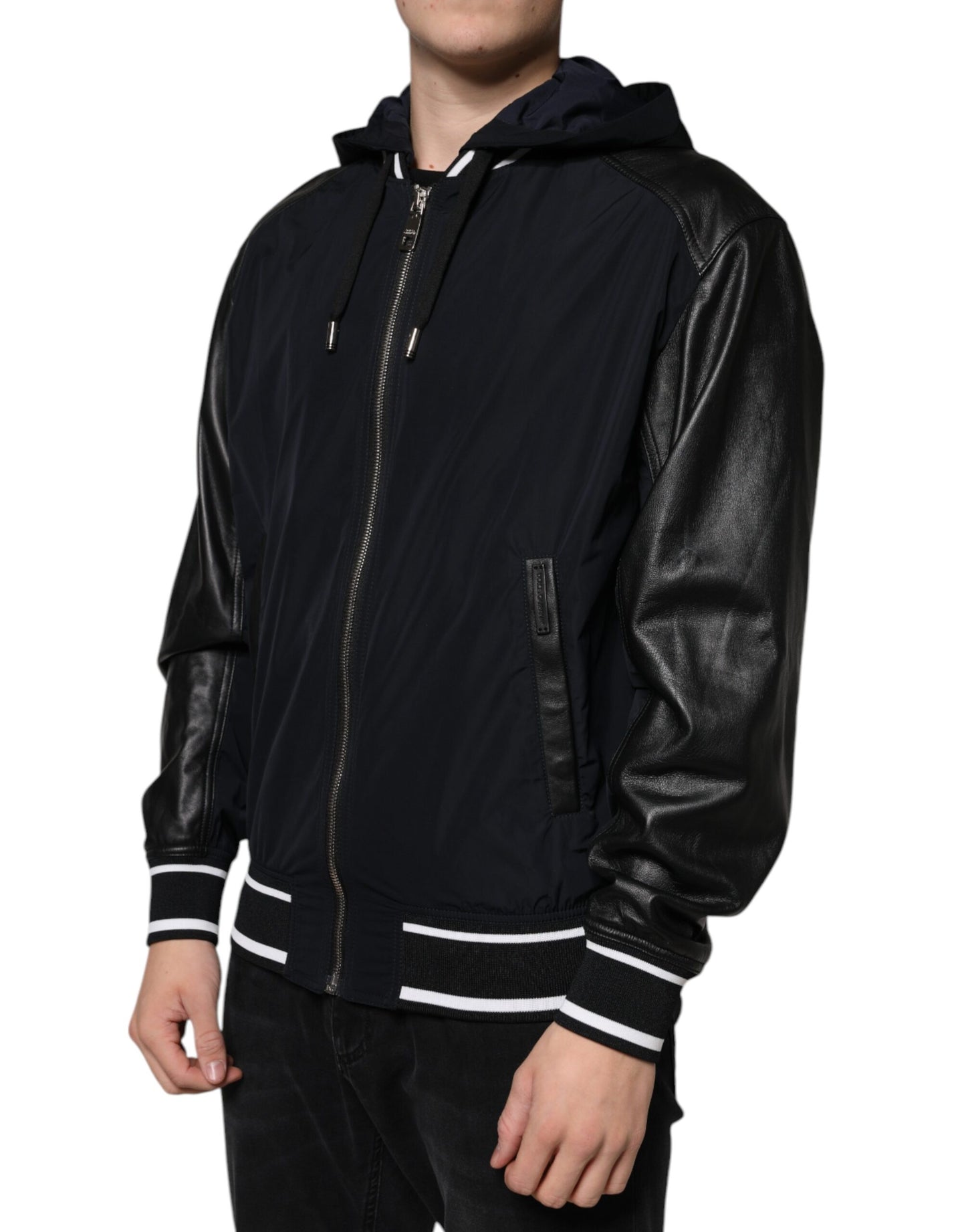 Dolce &amp; Gabbana Black Hooded Full Zip Men Bomber Jacket