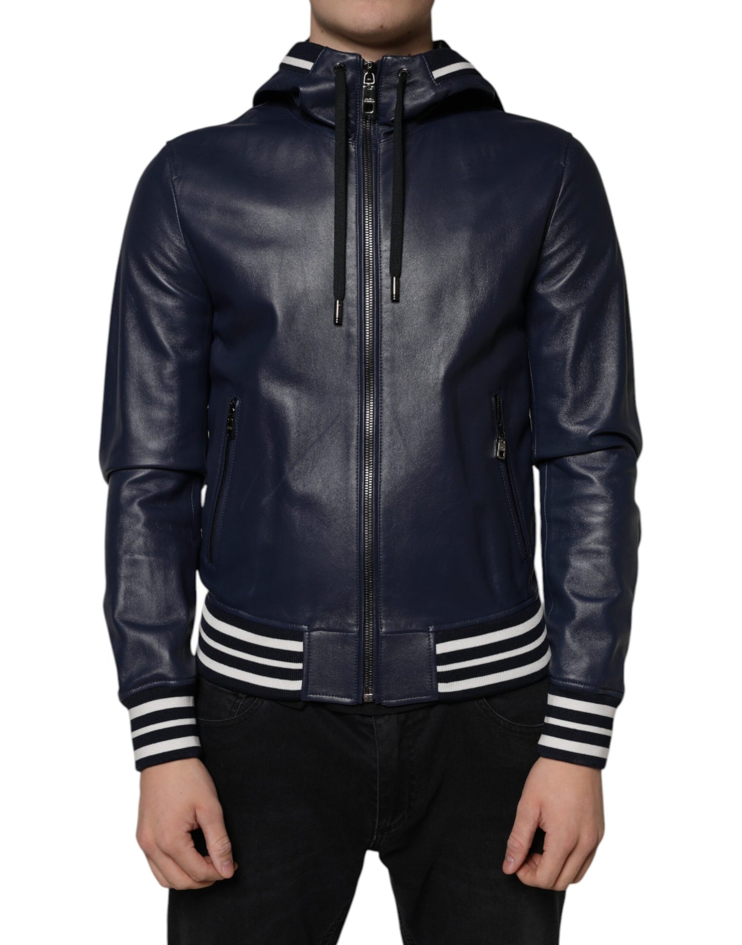 Dolce &amp; Gabbana Blue Leather Full Zip Hooded Bomber Jacket