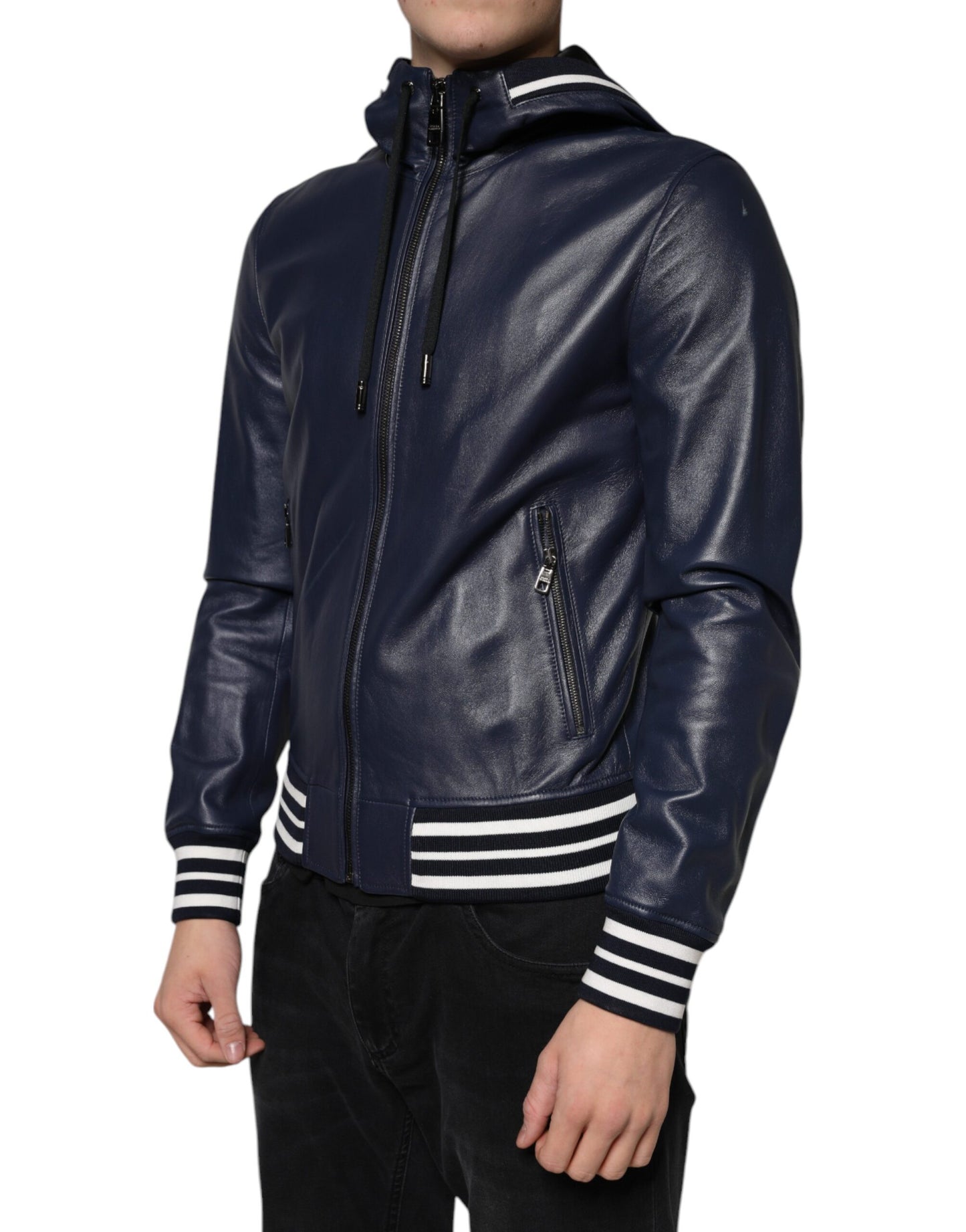 Dolce &amp; Gabbana Blue Leather Full Zip Hooded Bomber Jacket