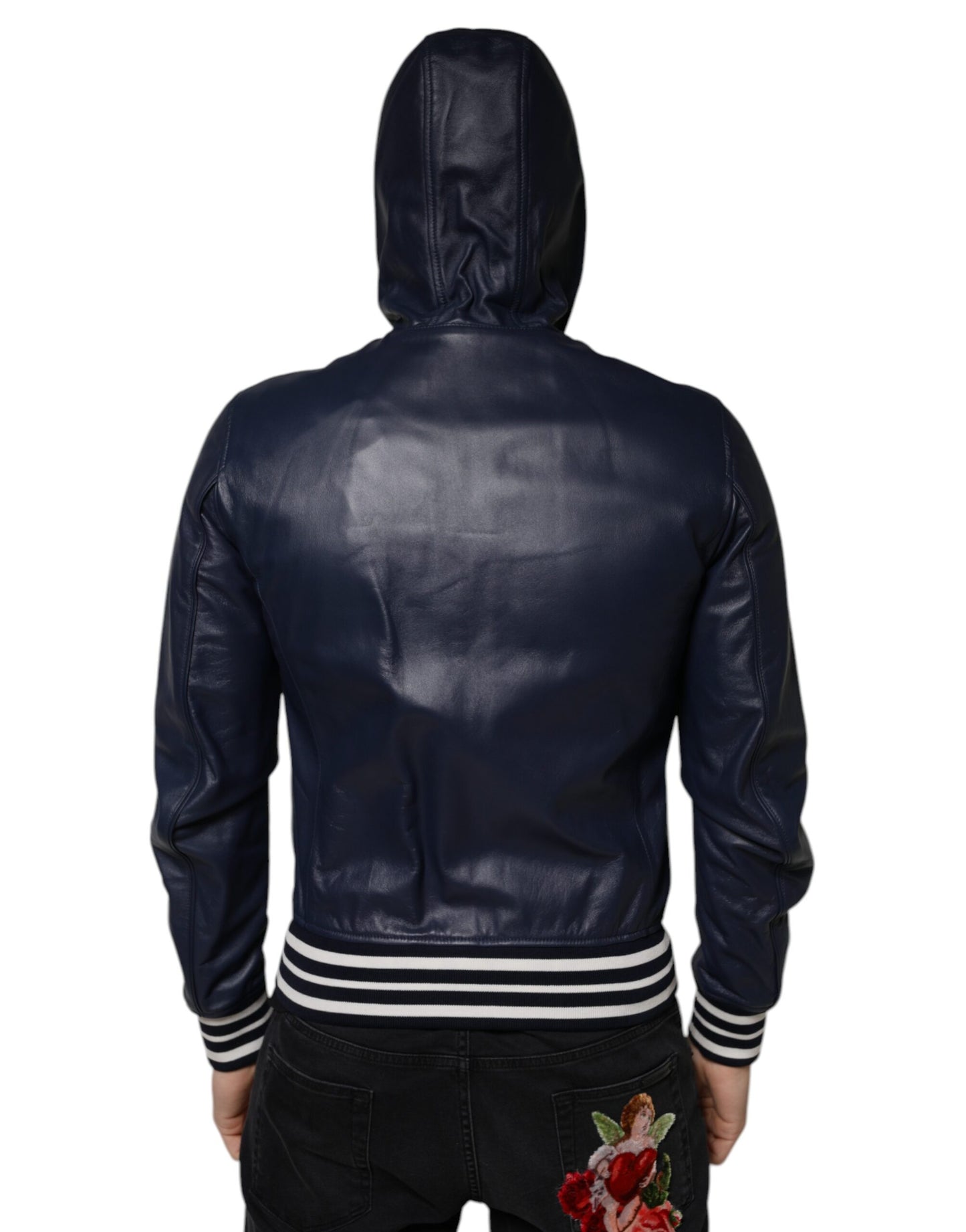 Dolce &amp; Gabbana Blue Leather Full Zip Hooded Bomber Jacket