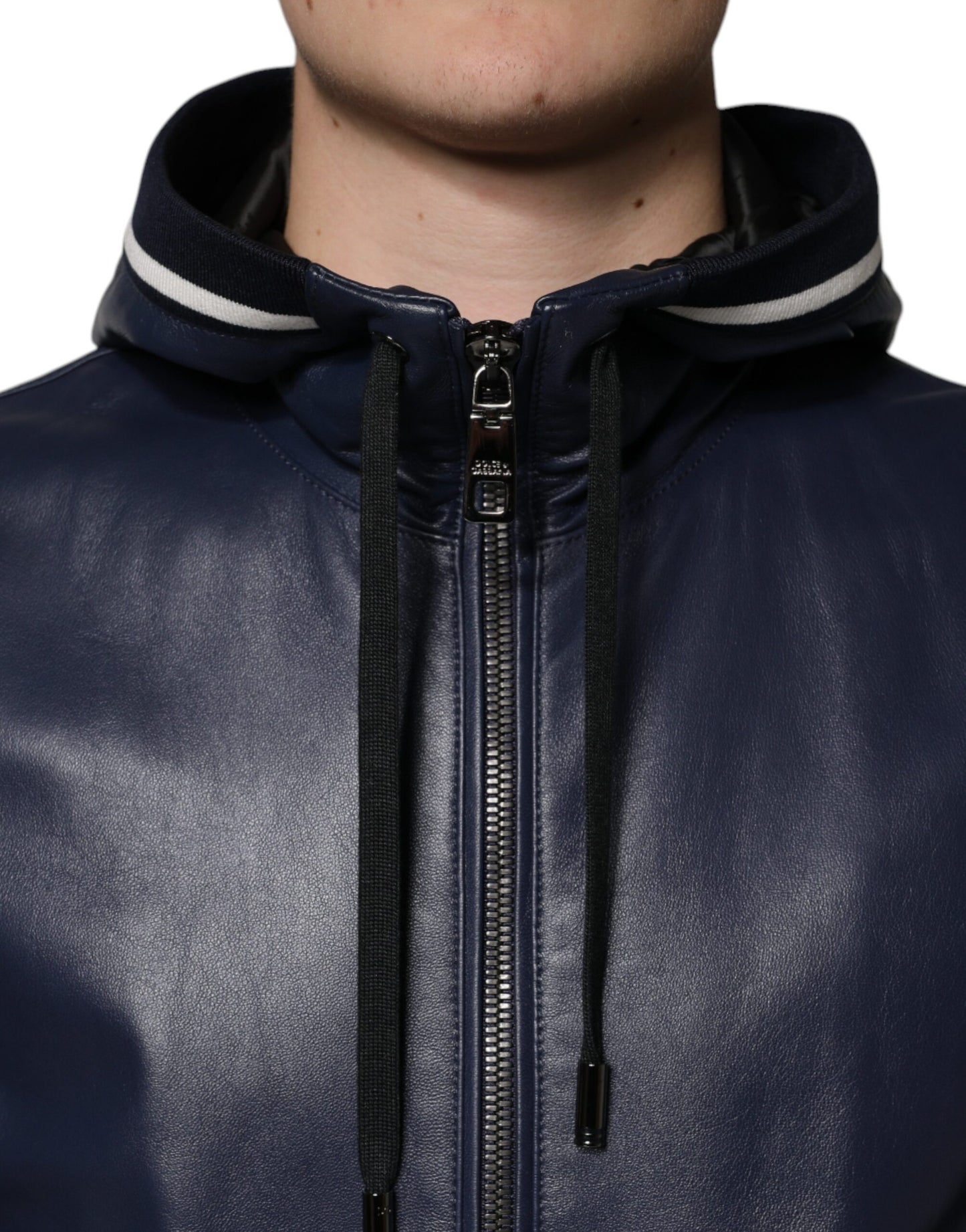 Dolce &amp; Gabbana Blue Leather Full Zip Hooded Bomber Jacket