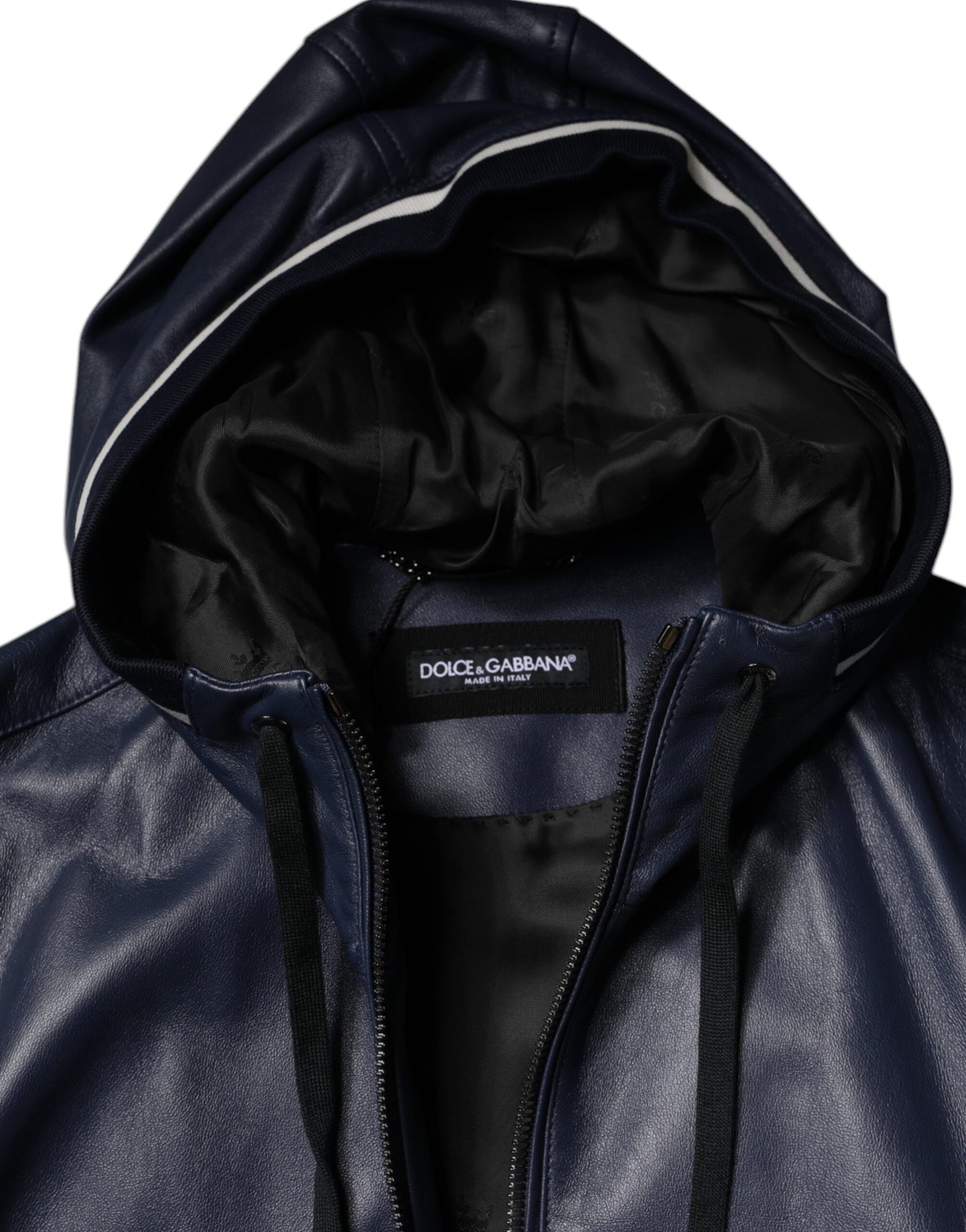 Dolce &amp; Gabbana Blue Leather Full Zip Hooded Bomber Jacket