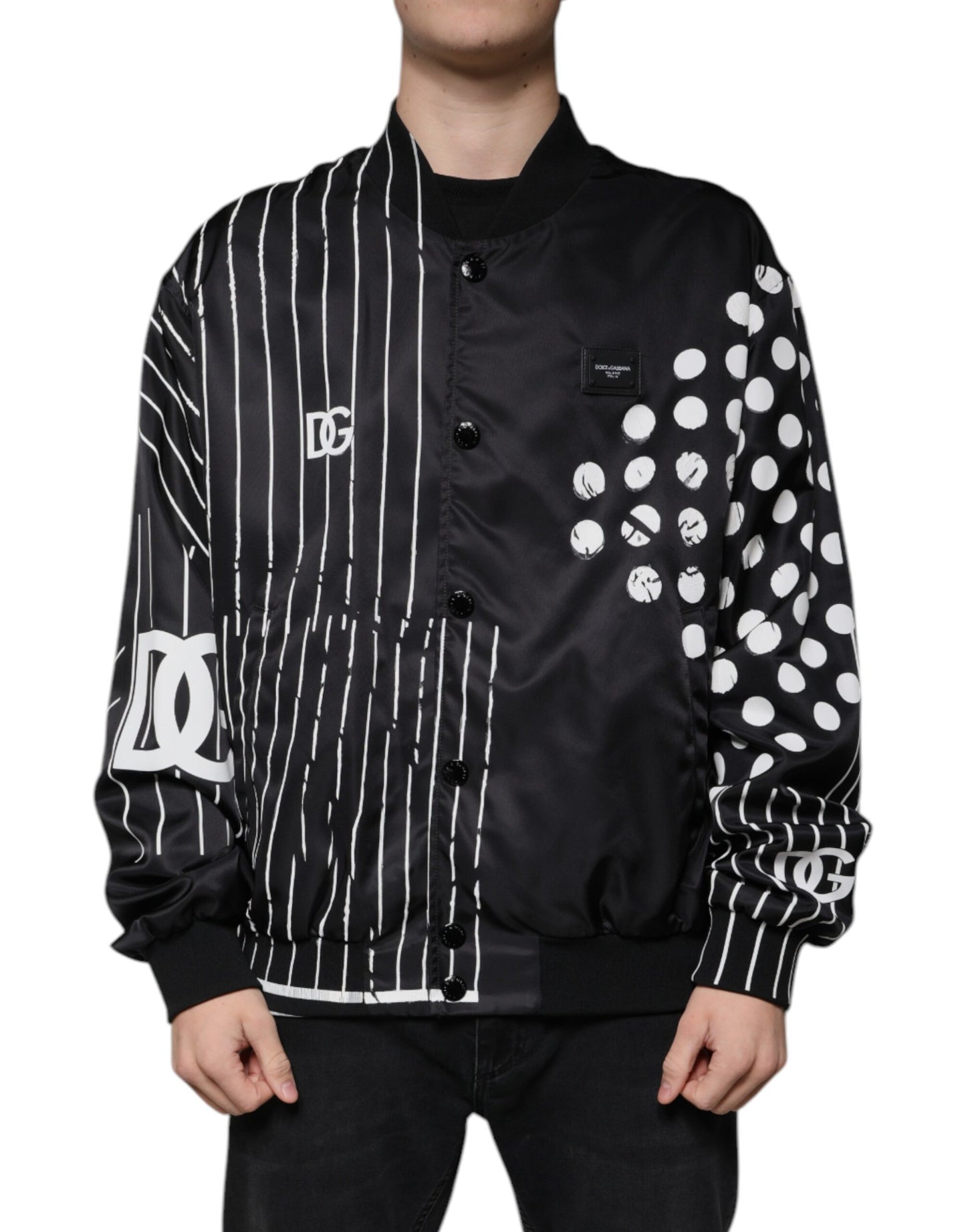 Dolce & Gabbana Schwarze Bomberjacke aus Nylon mit Polka Dot Streifen