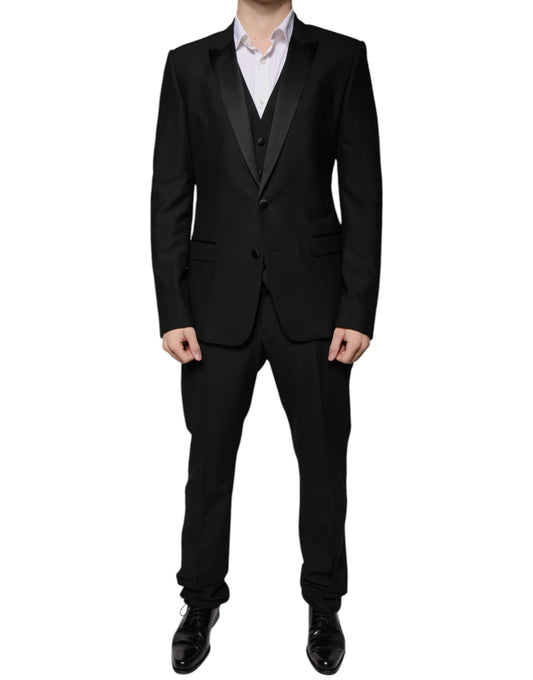 Dolce & Gabbana Schwarzer Wollanzug 3 Stück Slim Fit Formal Suit