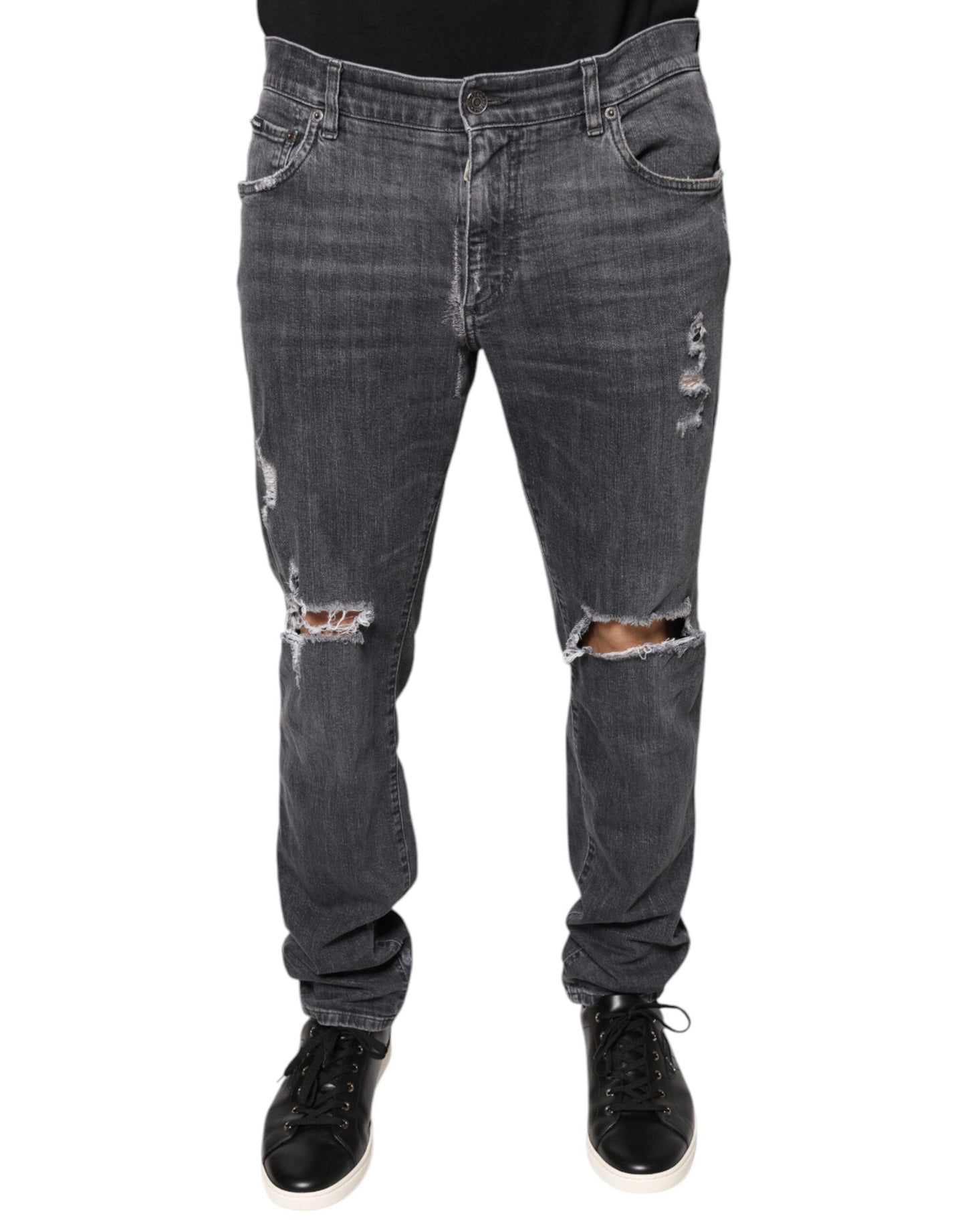 Dolce &amp; Gabbana Dark Gray Tattered Cotton Skinny Denim Jeans