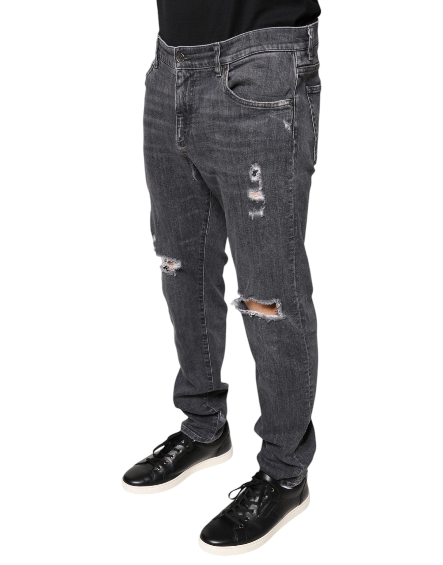 Dolce &amp; Gabbana Dark Gray Tattered Cotton Skinny Denim Jeans