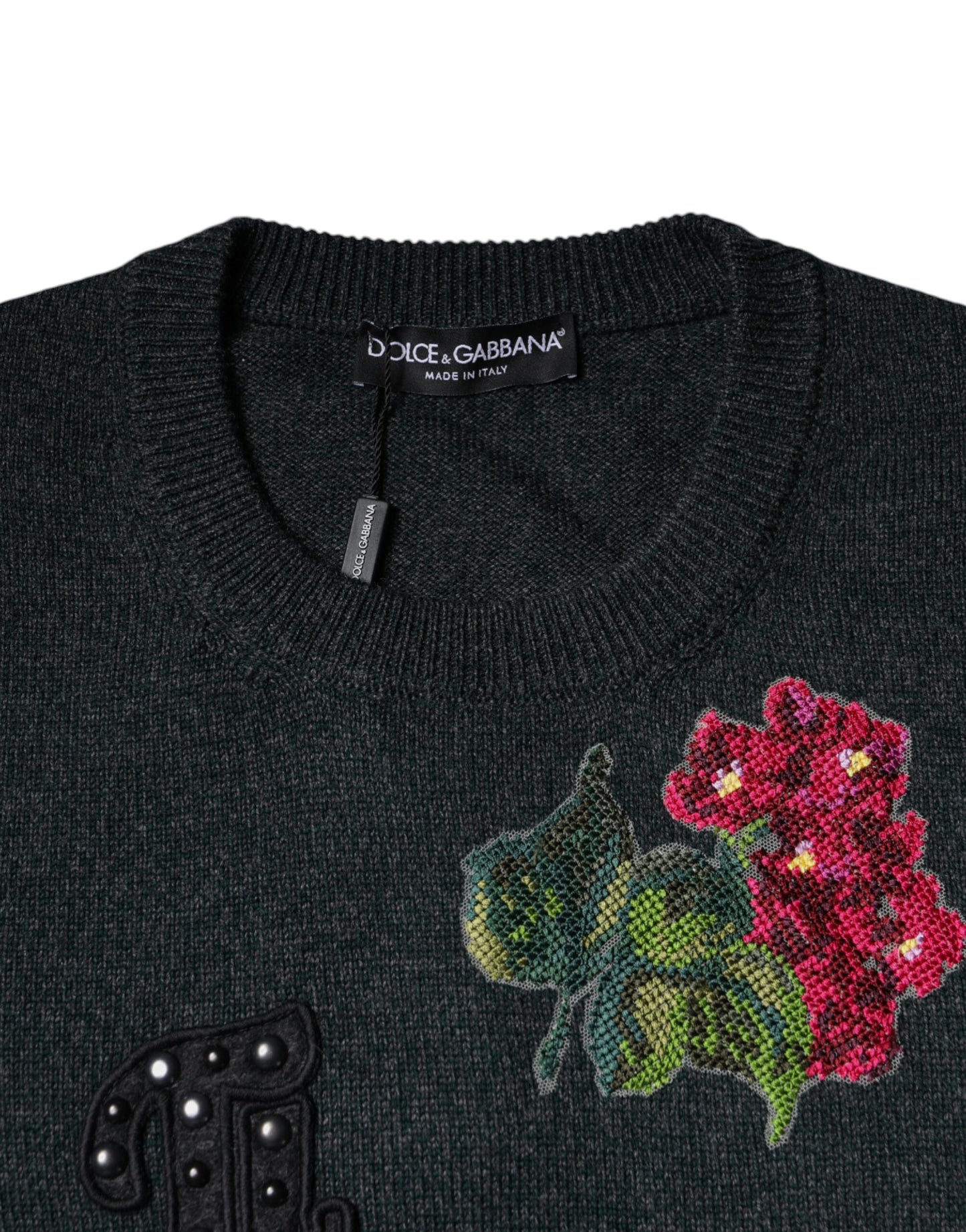 Dolce & Gabbana Grauer Pullover mit Rundhalsausschnitt und Verzierungen