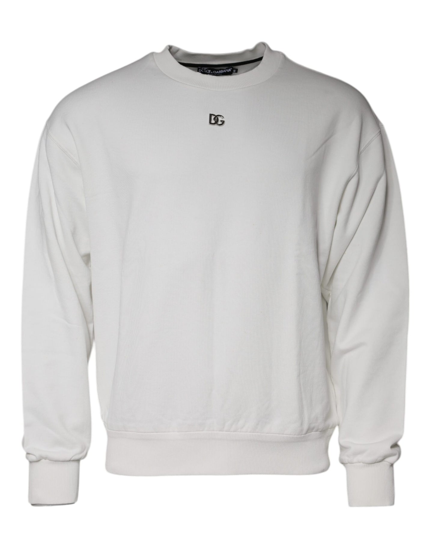 Dolce &amp; Gabbana White Logo Cotton Crew Neck Pullover Sweater