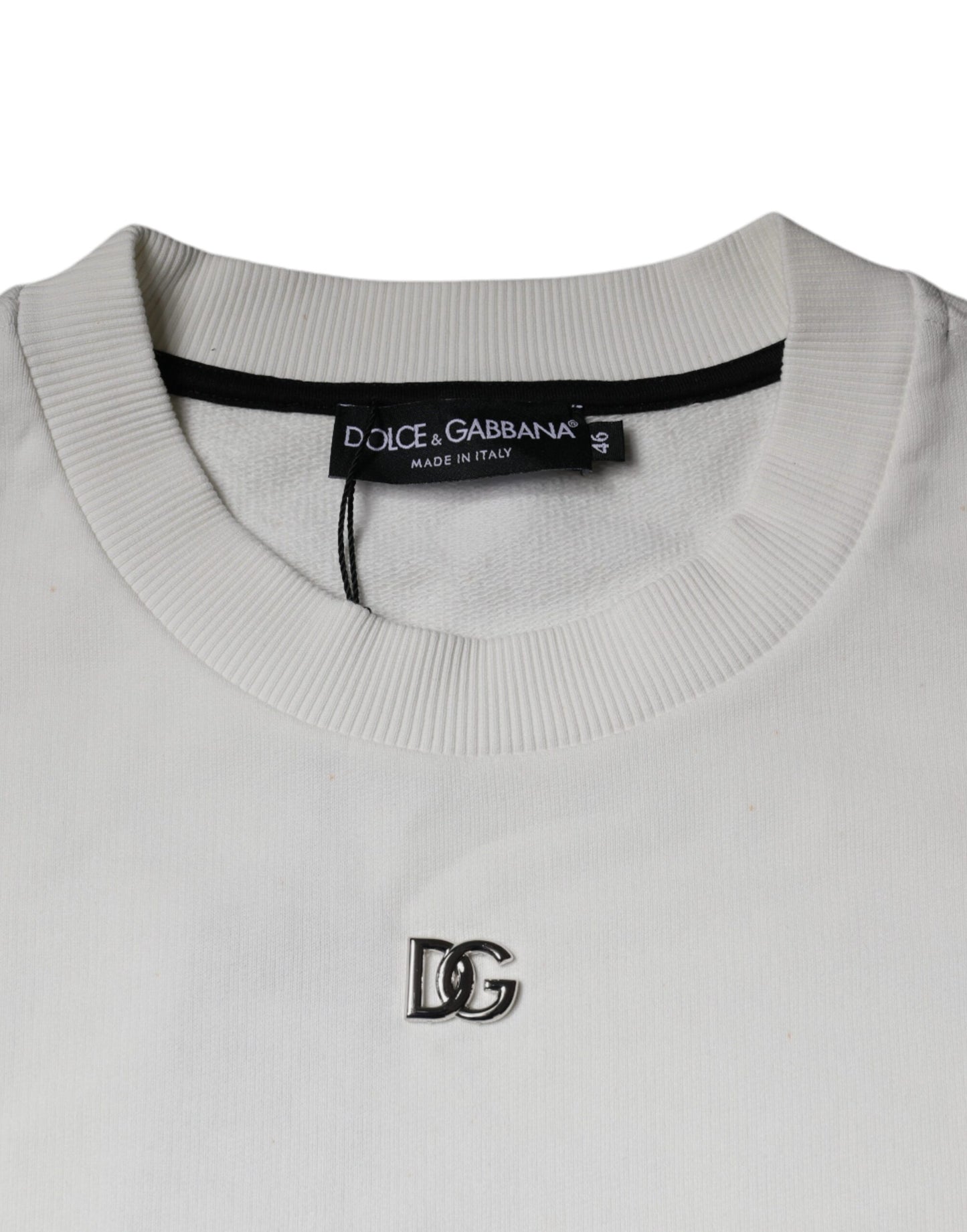 Dolce &amp; Gabbana White Logo Cotton Crew Neck Pullover Sweater